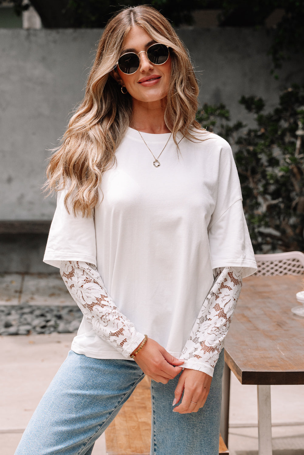White Lace Long Sleeve Insert Drop Shoulder Tee-Tops/Tops & Tees-[Adult]-[Female]-2022 Online Blue Zone Planet
