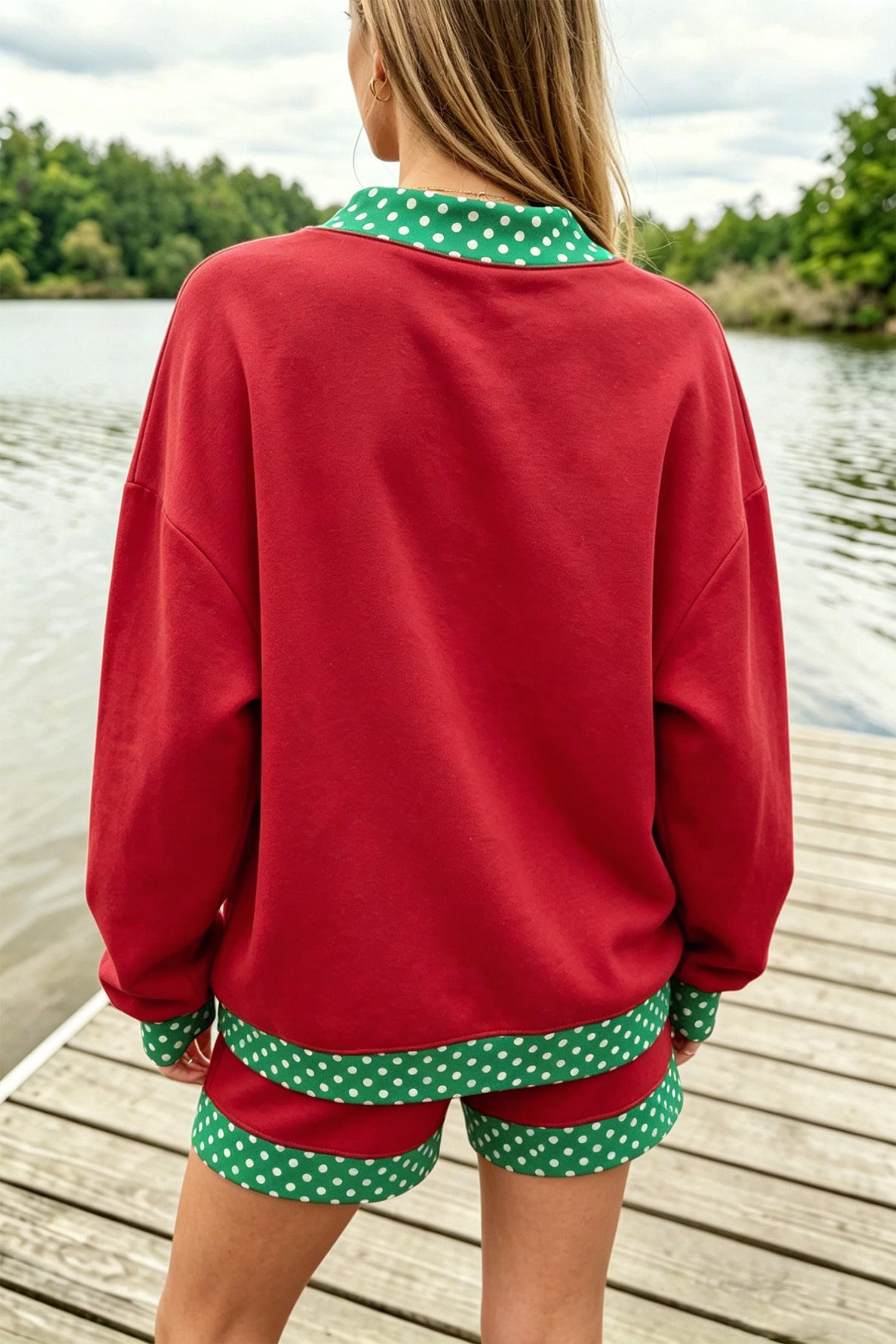 Fiery Red Gingham Trim Baggy Pullover 2pcs Short Set-Two Piece Sets/Short Sets-[Adult]-[Female]-2022 Online Blue Zone Planet