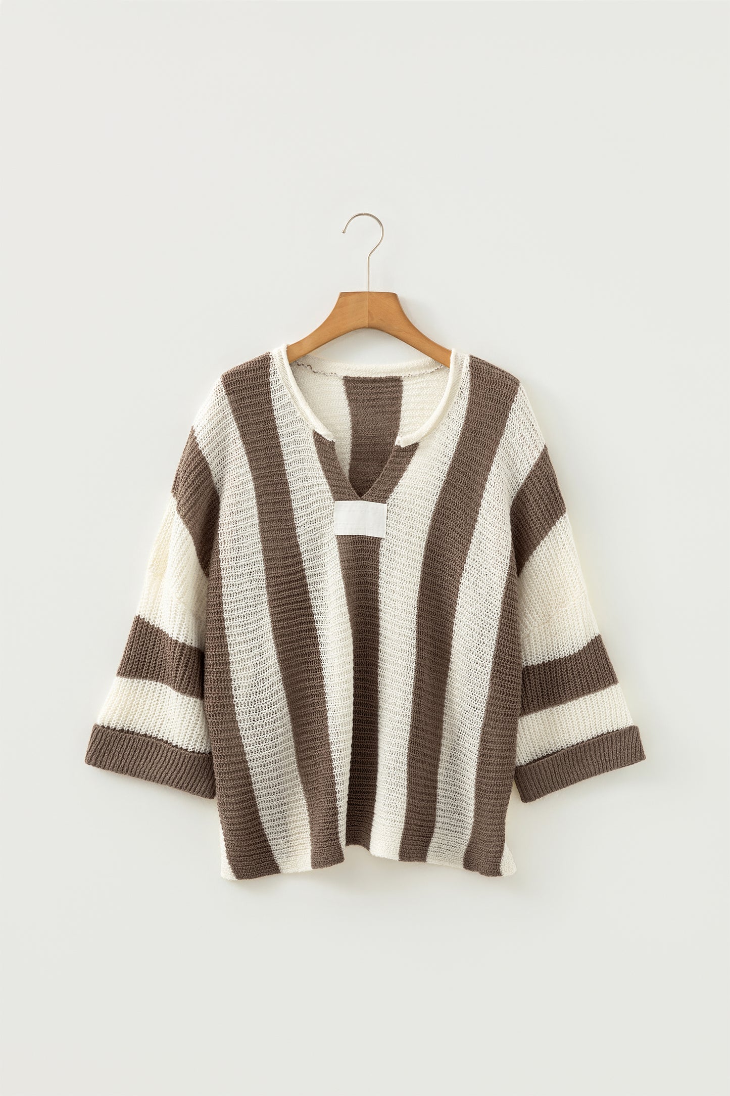 Brown Stripe Colorblock V Neck Bracelet Sleeve Sweater-Bracelet-[Adult]-[Female]-2022 Online Blue Zone Planet