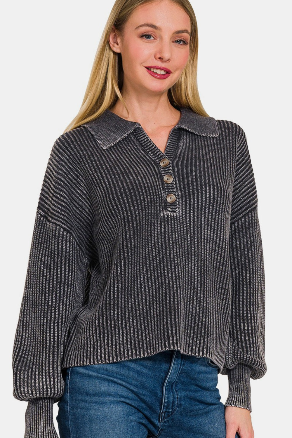 Zenana Washed Half Button Long Sleeve Sweater-TOPS / DRESSES-[Adult]-[Female]-Black-S-2022 Online Blue Zone Planet