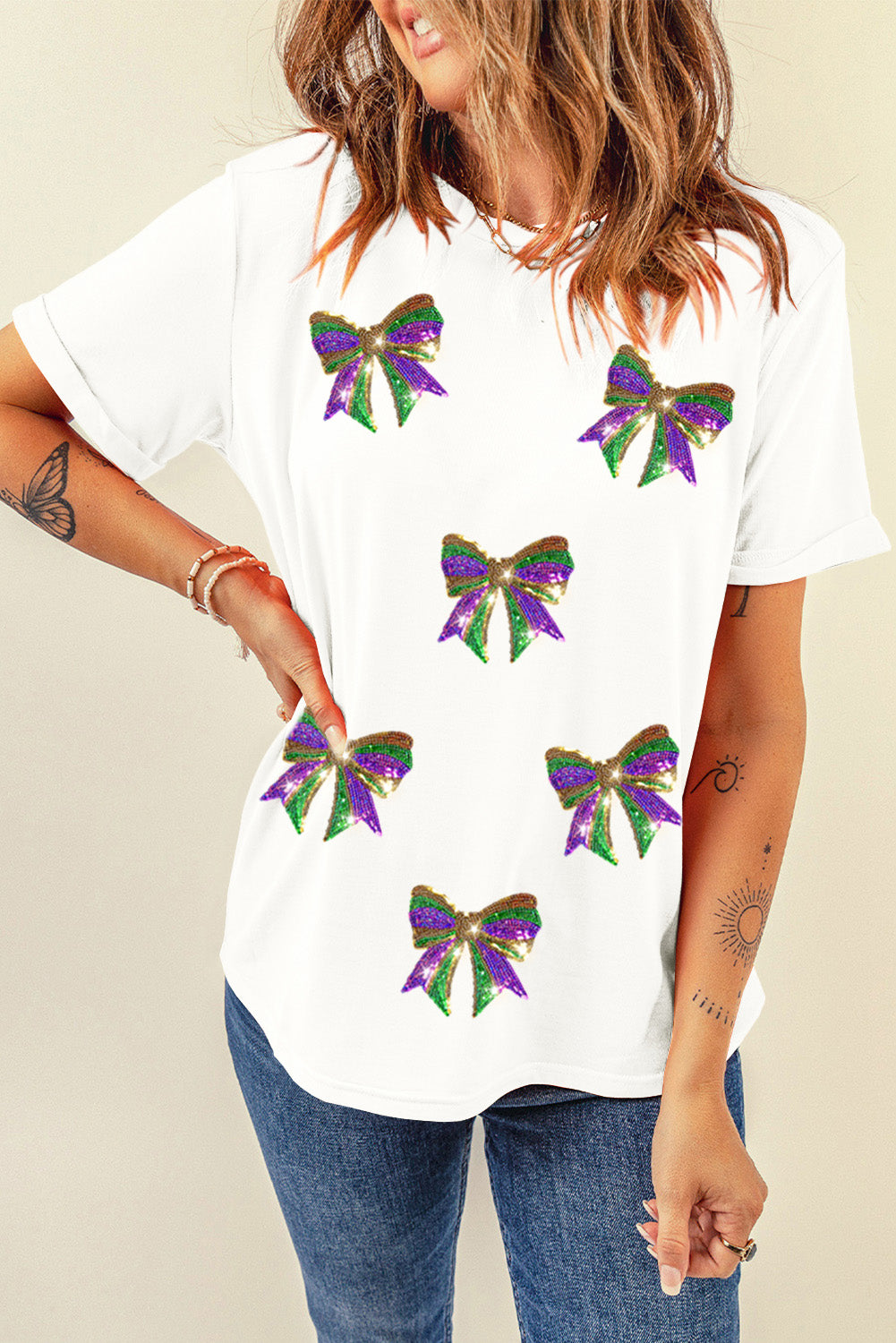 Black Sequin Mardi Gras Bow Graphic Crewneck Tee-Graphic Tees-[Adult]-[Female]-2022 Online Blue Zone Planet