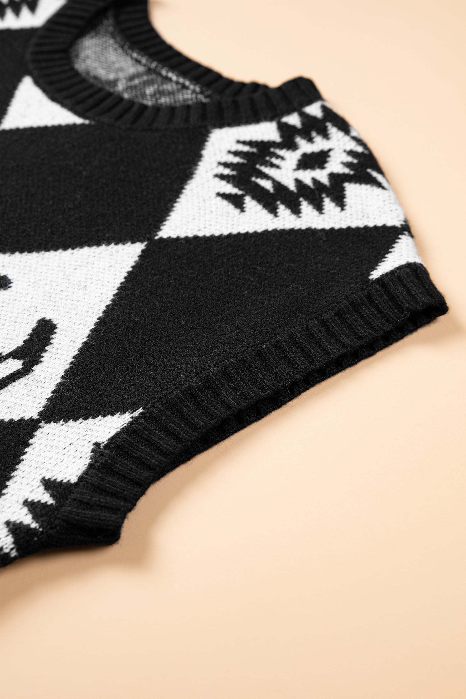 Black Retro Rhombus Western Print Drop Shoulder Short Sleeve Sweater-Sweaters & Cardigans/Short Sleeve Sweaters-[Adult]-[Female]-2022 Online Blue Zone Planet