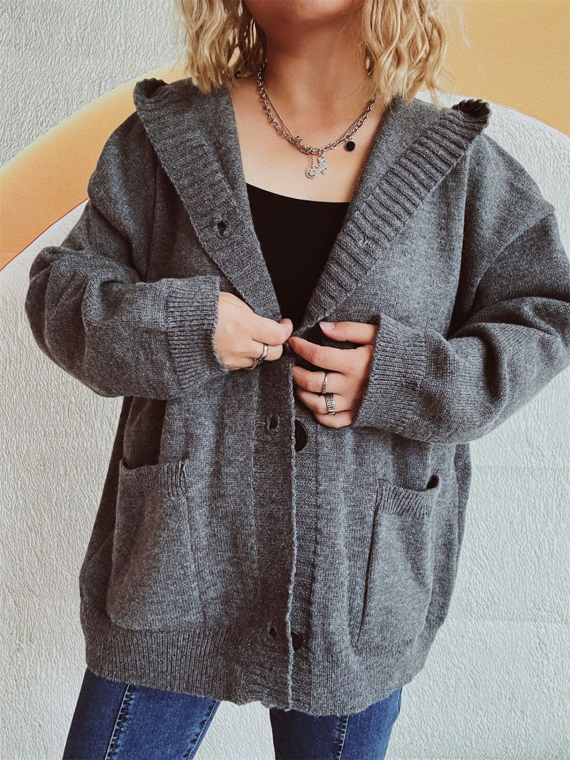 Dropped Shoulder Long Sleeve Hooded Cardigan-TOPS / DRESSES-[Adult]-[Female]-Dark Gray-One Size-2022 Online Blue Zone Planet