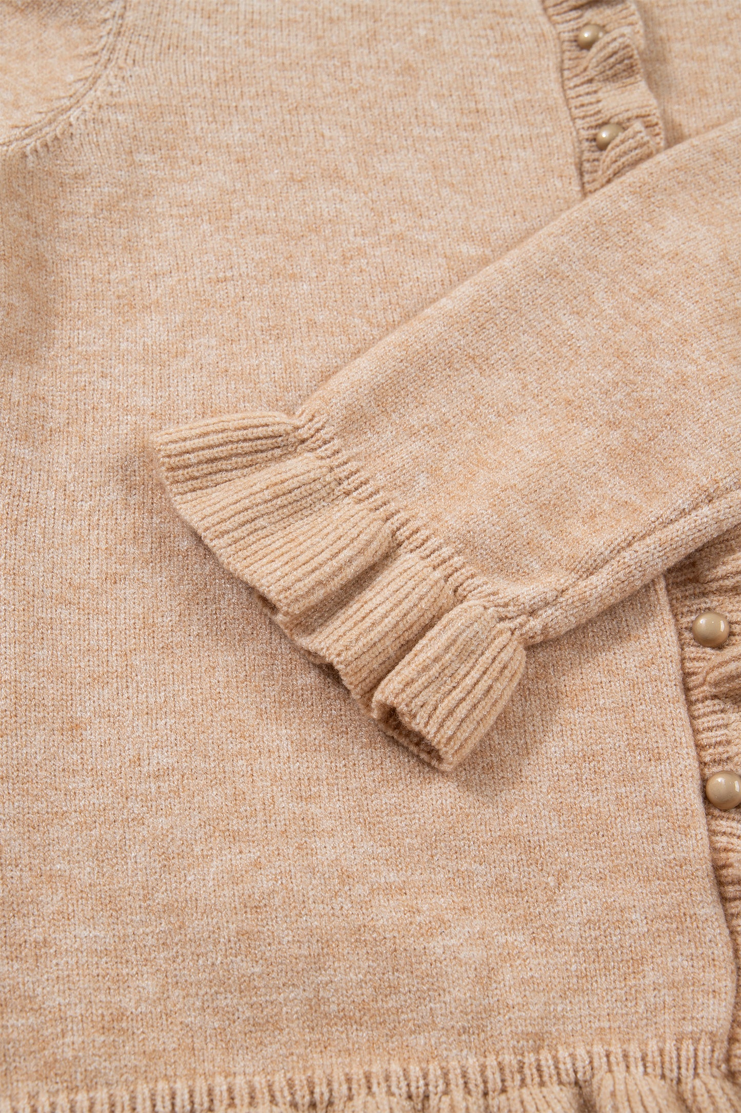 Oatmeal Ruffle Trim Gold Button Sweater Cardigan-Sweaters & Cardigans/Cardigans-[Adult]-[Female]-2022 Online Blue Zone Planet