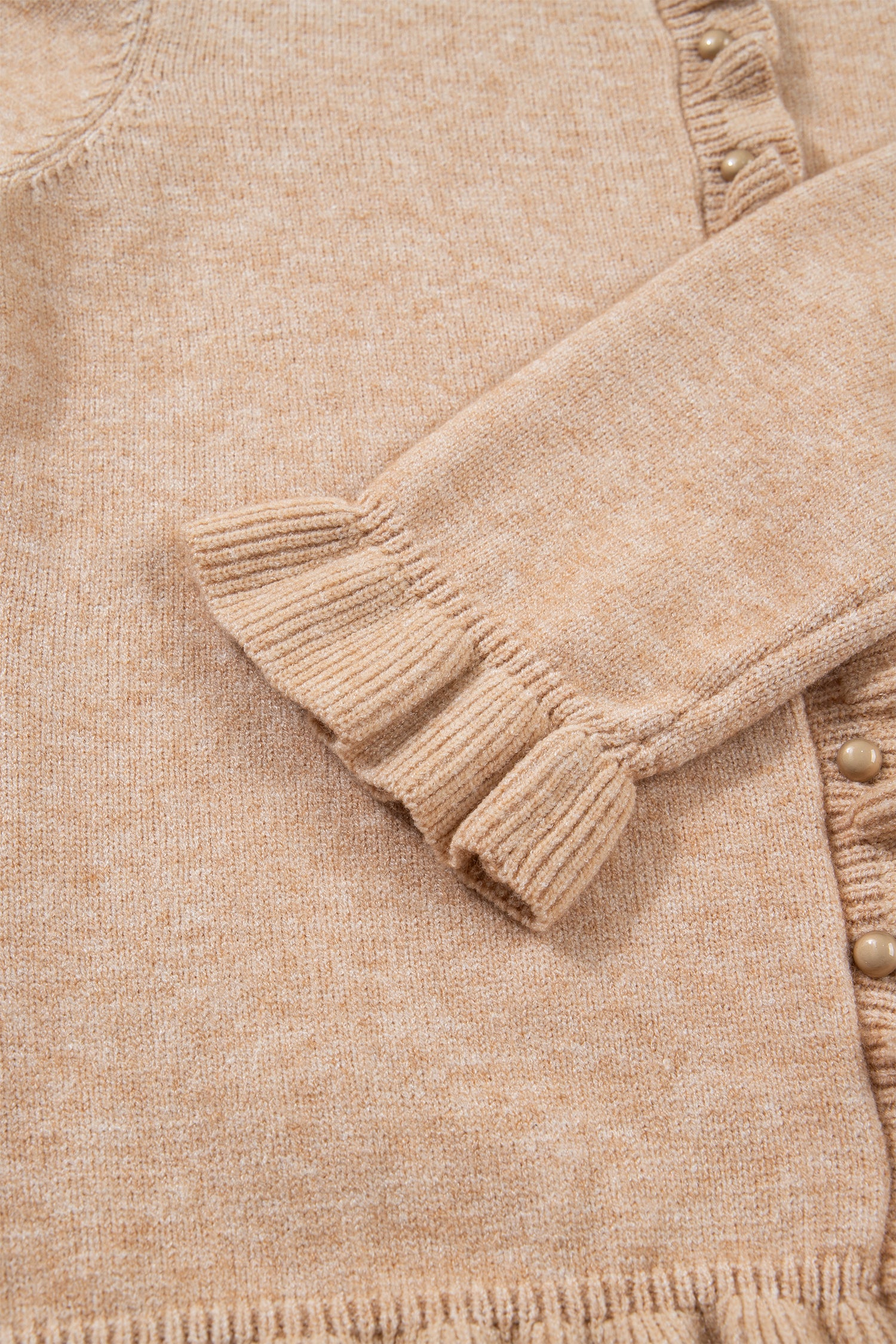 Oatmeal Ruffle Trim Gold Button Sweater Cardigan-Sweaters & Cardigans/Cardigans-[Adult]-[Female]-2022 Online Blue Zone Planet