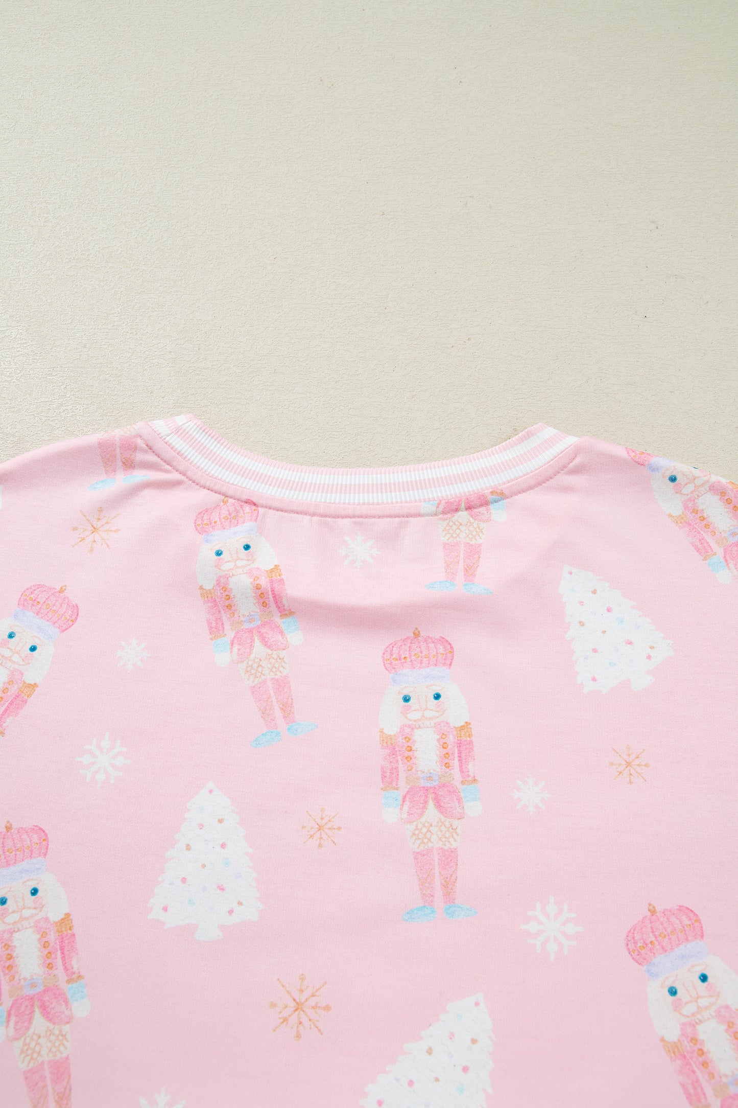Pink Christmas Tree Nutcracker Doll Print Contrast Trim Long Sleeve Top Matching Shorts Set-Two Piece Sets/Short Sets-[Adult]-[Female]-2022 Online Blue Zone Planet