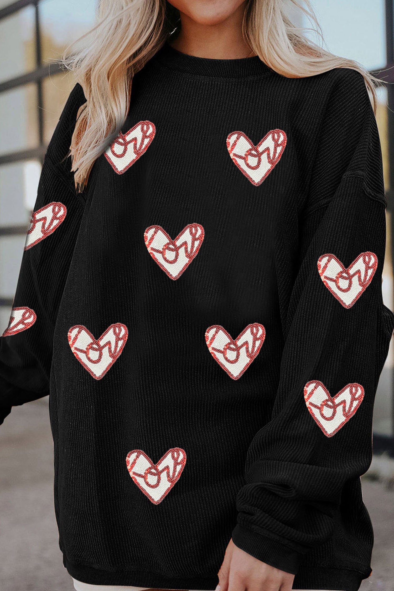 Black Corded Ribbed Love Heart Sequin Patched Graphic Sweatshirt-Graphic Sweatshirts-[Adult]-[Female]-2022 Online Blue Zone Planet