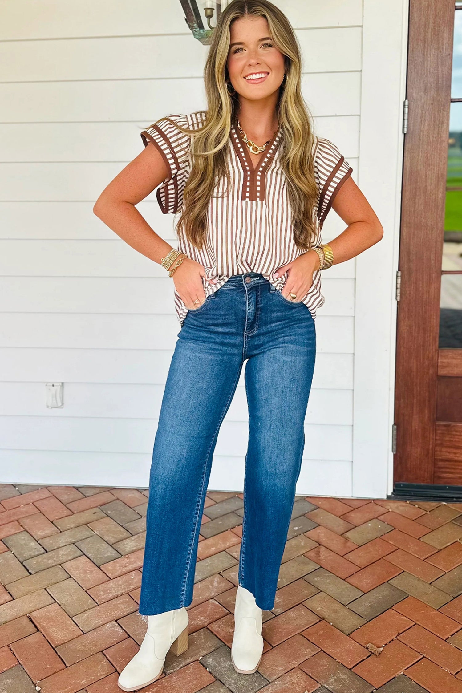 Khaki Stripe Double Ruffled Short Sleeve V Neck Blouse-Tops/Blouses & Shirts-[Adult]-[Female]-2022 Online Blue Zone Planet