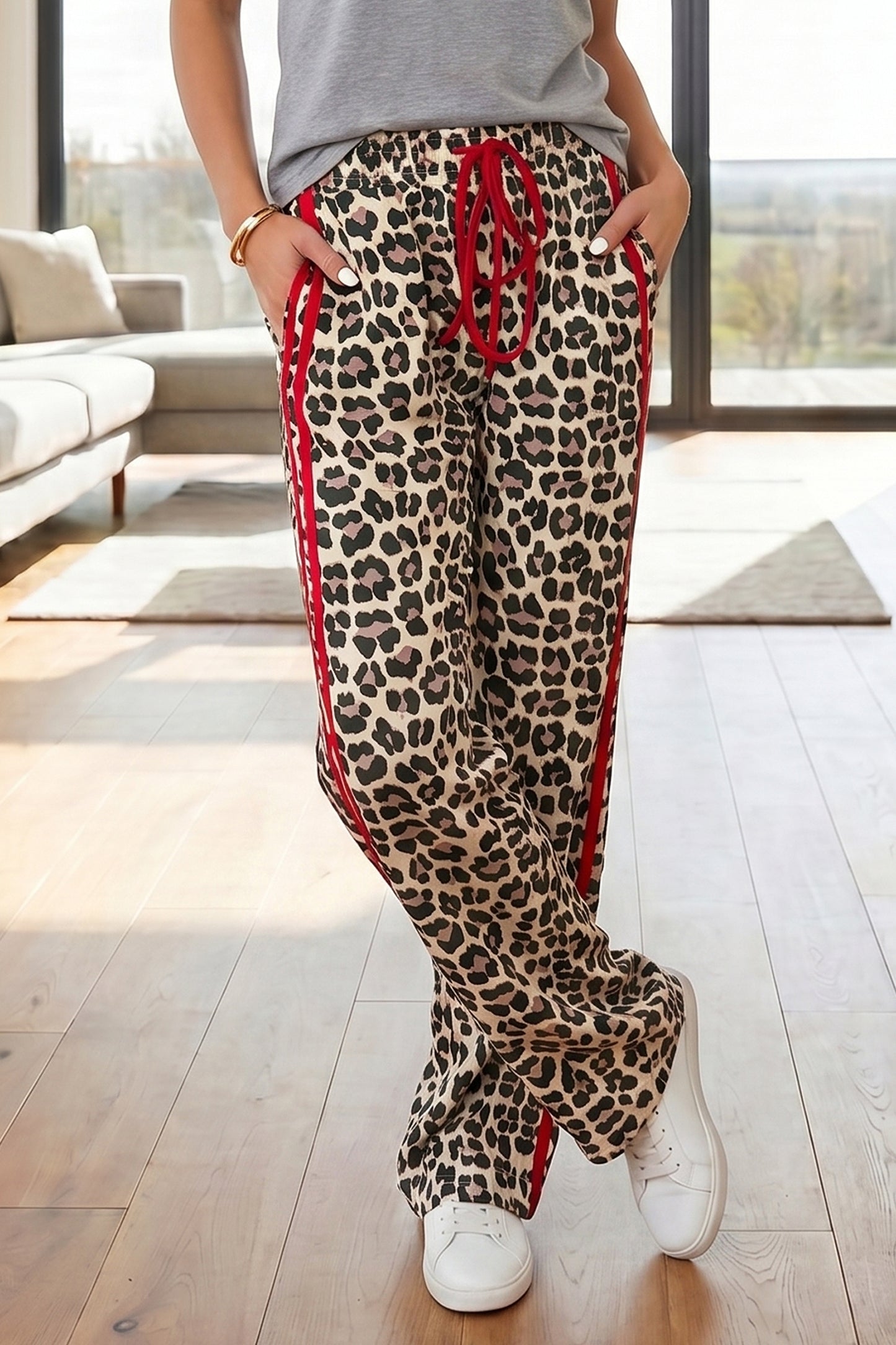 Rose Side Stripe Leopard Wide leg Trousers-Bottoms/Pants & Culotte-[Adult]-[Female]-Red-S-2022 Online Blue Zone Planet