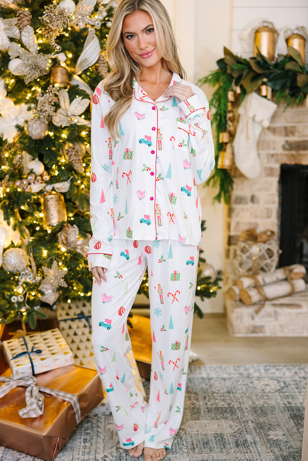 White Christmas Print Lapel Shirt and Pants Pajama Set-Loungewear Set-[Adult]-[Female]-2022 Online Blue Zone Planet