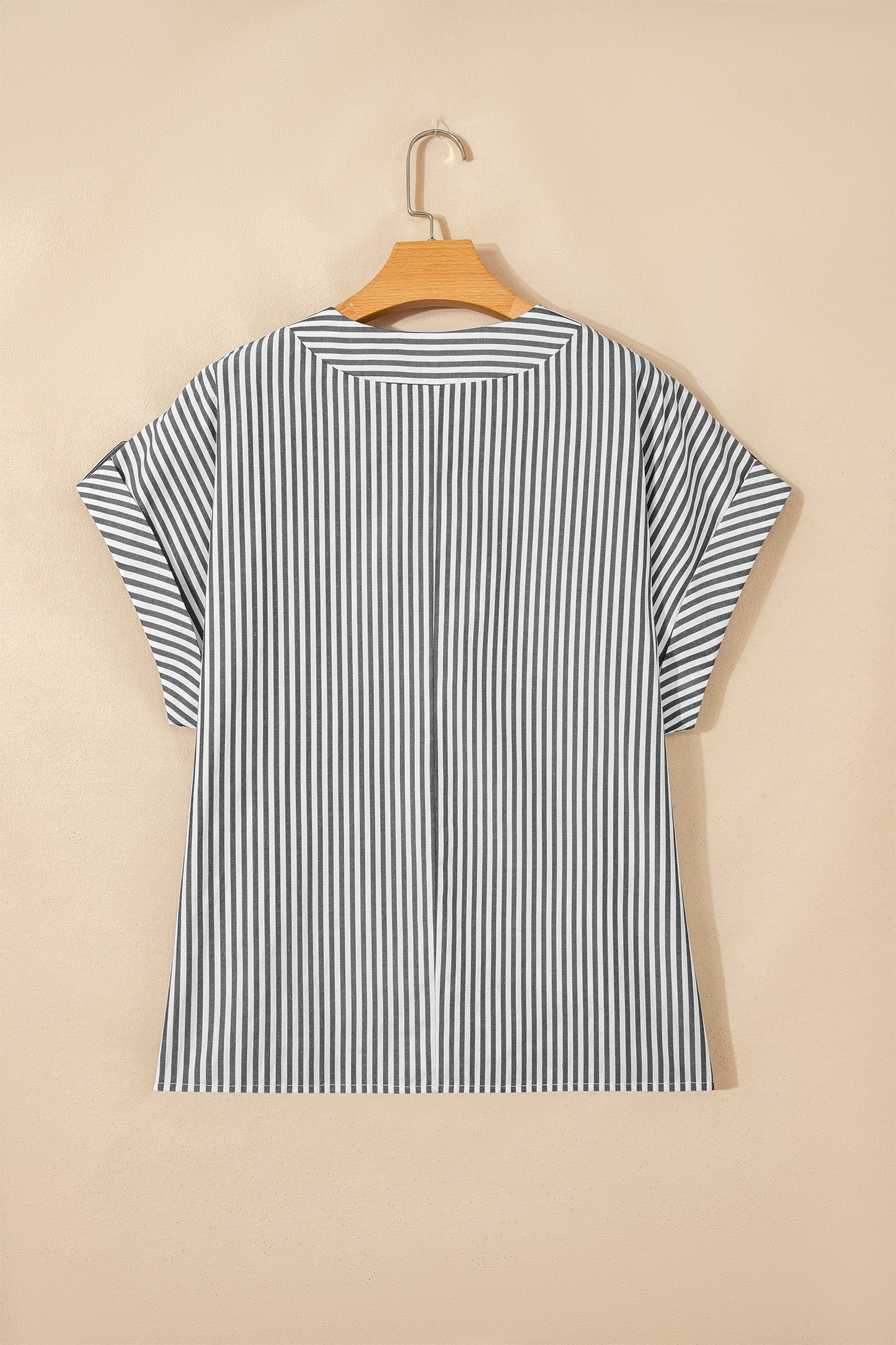 Black Stripe Plus Size V Neck Roll-Tab Short Dolman Sleeve Blouse-Plus Size/Plus Size Tops/Plus Size Blouses & Shirts-[Adult]-[Female]-2022 Online Blue Zone Planet