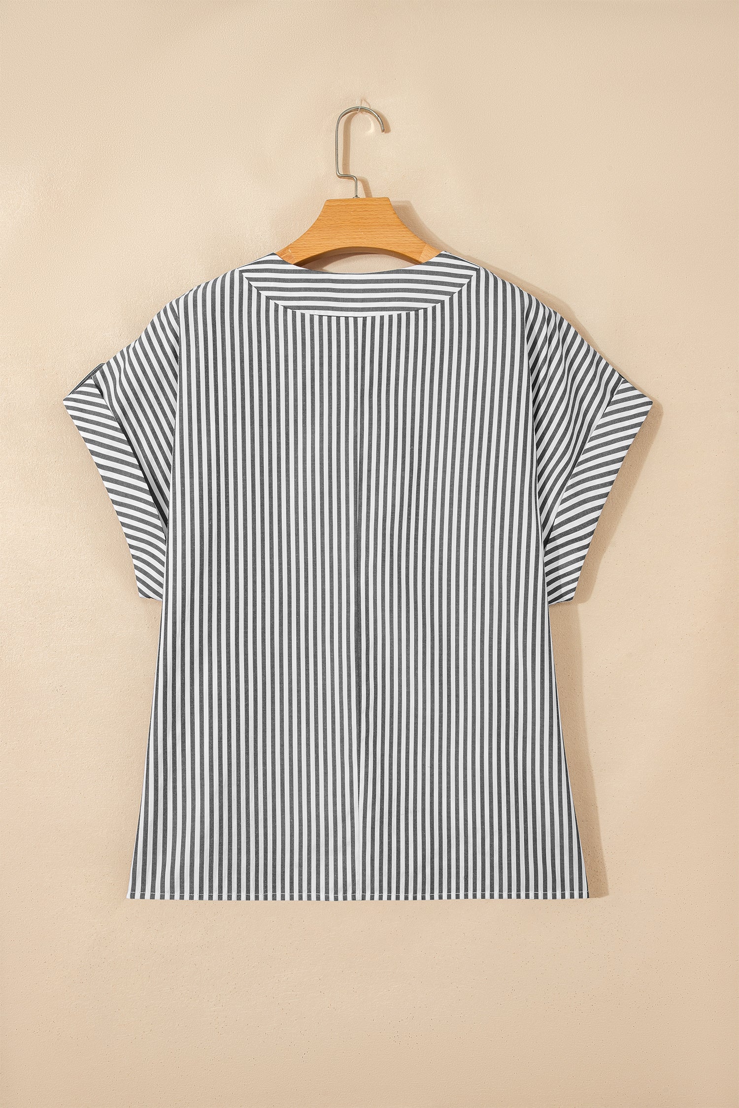 Black Stripe Plus Size V Neck Roll-Tab Short Dolman Sleeve Blouse-Plus Size/Plus Size Tops/Plus Size Blouses & Shirts-[Adult]-[Female]-2022 Online Blue Zone Planet