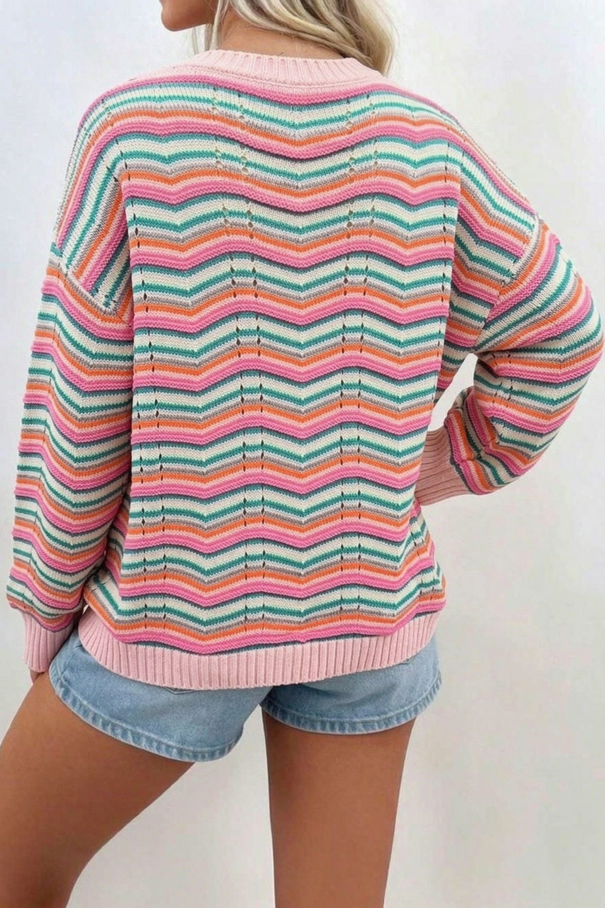 Multicolour Casual Chevron Striped Drop Shoulder Sweater