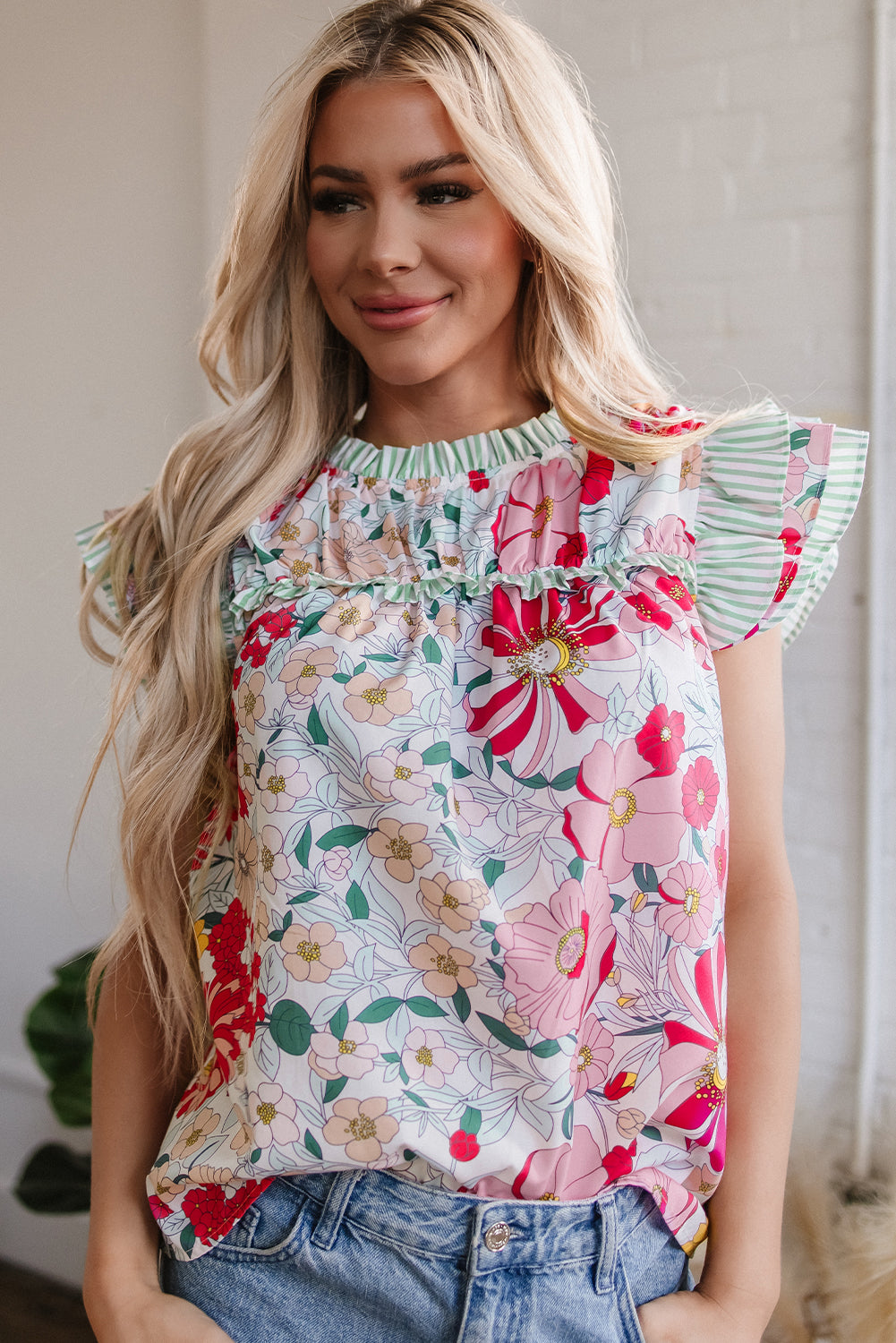 Pink Floral Print Contrast Ruffle Trim Short Sleeve Blouse-Tops/Blouses & Shirts-[Adult]-[Female]-2022 Online Blue Zone Planet