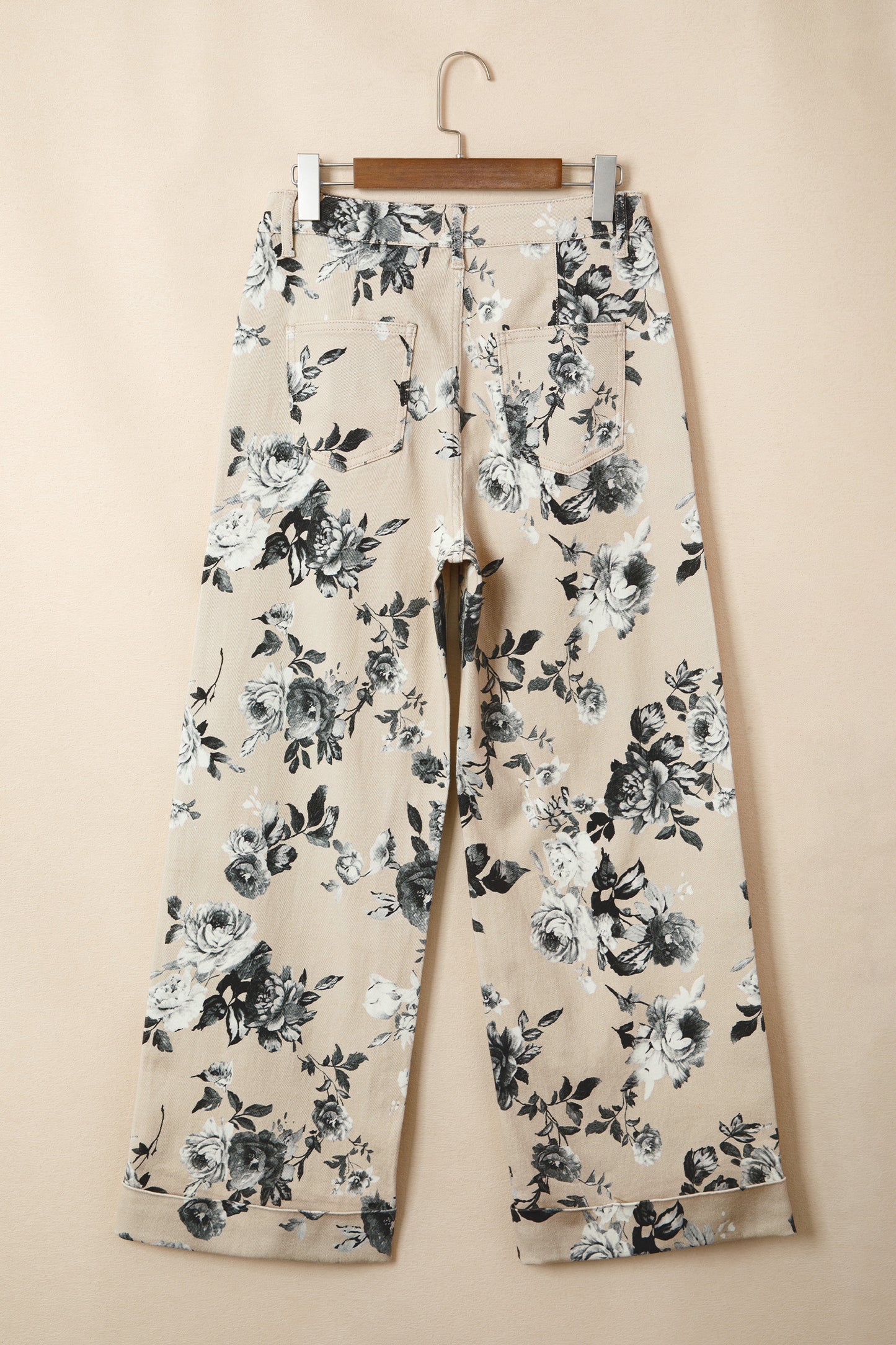 Beige Retro Floral Print Turn-up Cuffed Hem Loose Jeans-Bottoms/Jeans-[Adult]-[Female]-2022 Online Blue Zone Planet