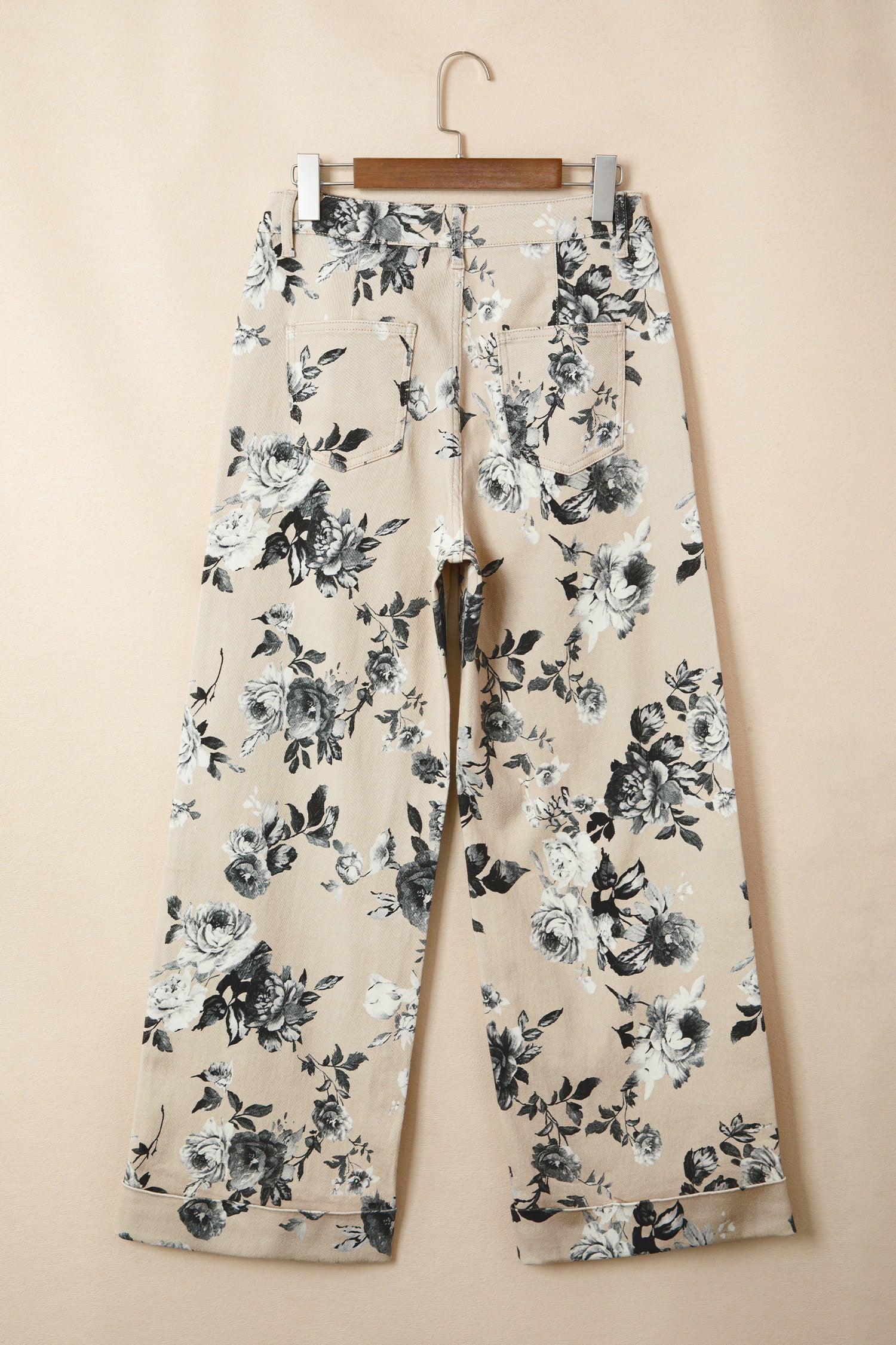 Beige Retro Floral Print Turn-up Cuffed Hem Loose Jeans-Bottoms/Jeans-[Adult]-[Female]-2022 Online Blue Zone Planet