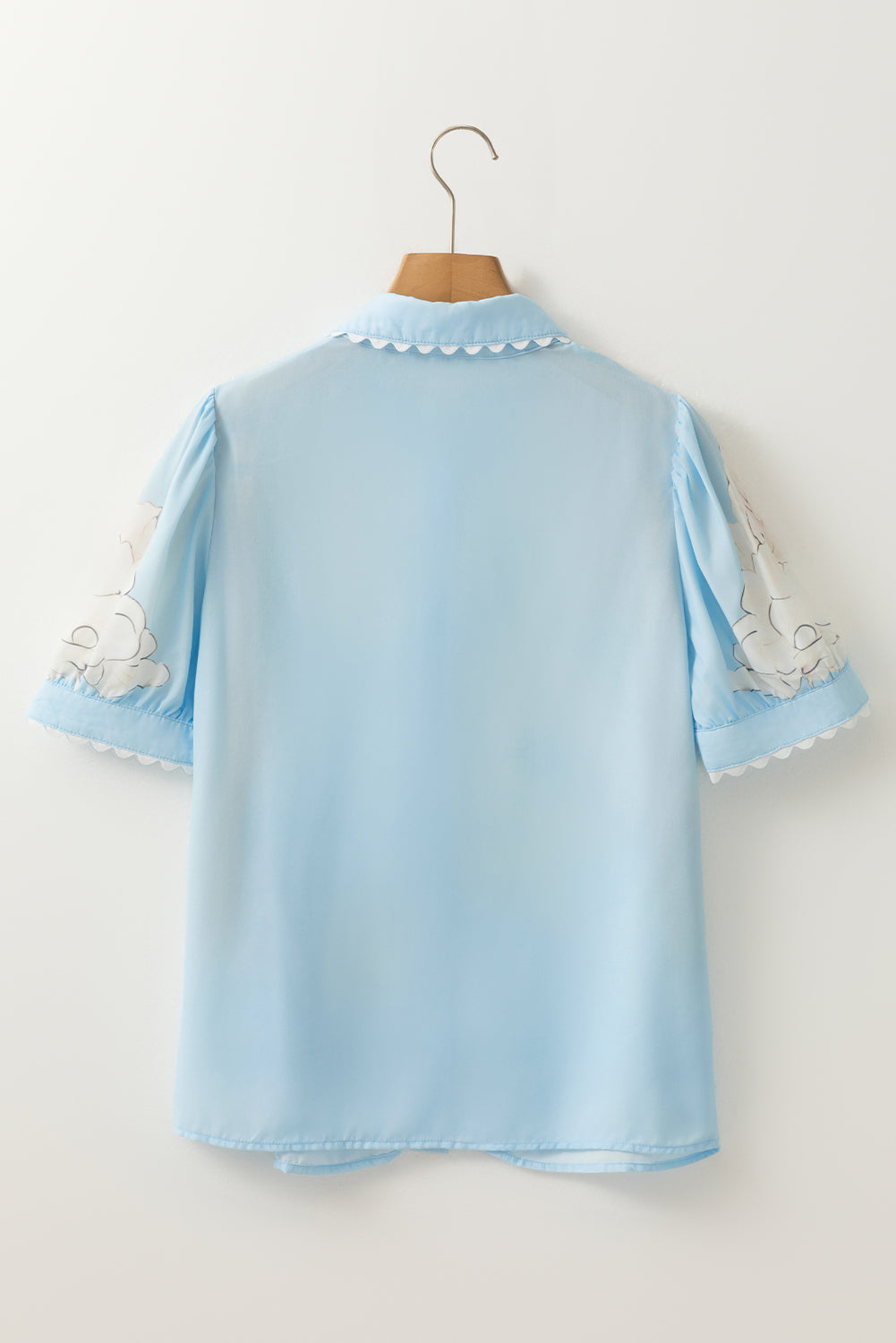 Sky Blue Floral Ric Rac Edge Puff Sleeve Button Up Summer Shirt-Tops/Blouses & Shirts-[Adult]-[Female]-2022 Online Blue Zone Planet