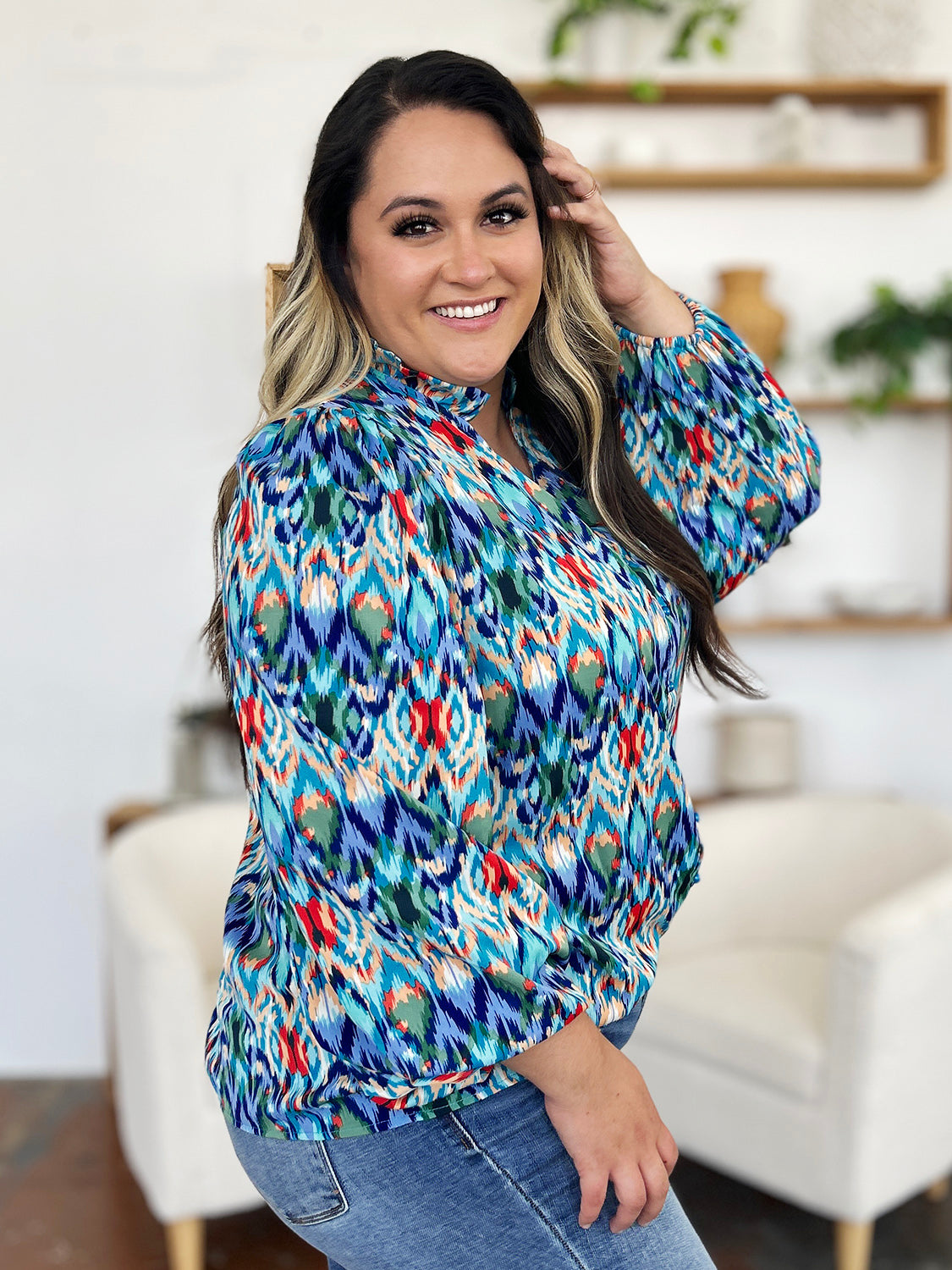 Blue Zone Planet | Double Take Full Size Printed Balloon Sleeve Blouse-TOPS / DRESSES-[Adult]-[Female]-2022 Online Blue Zone Planet