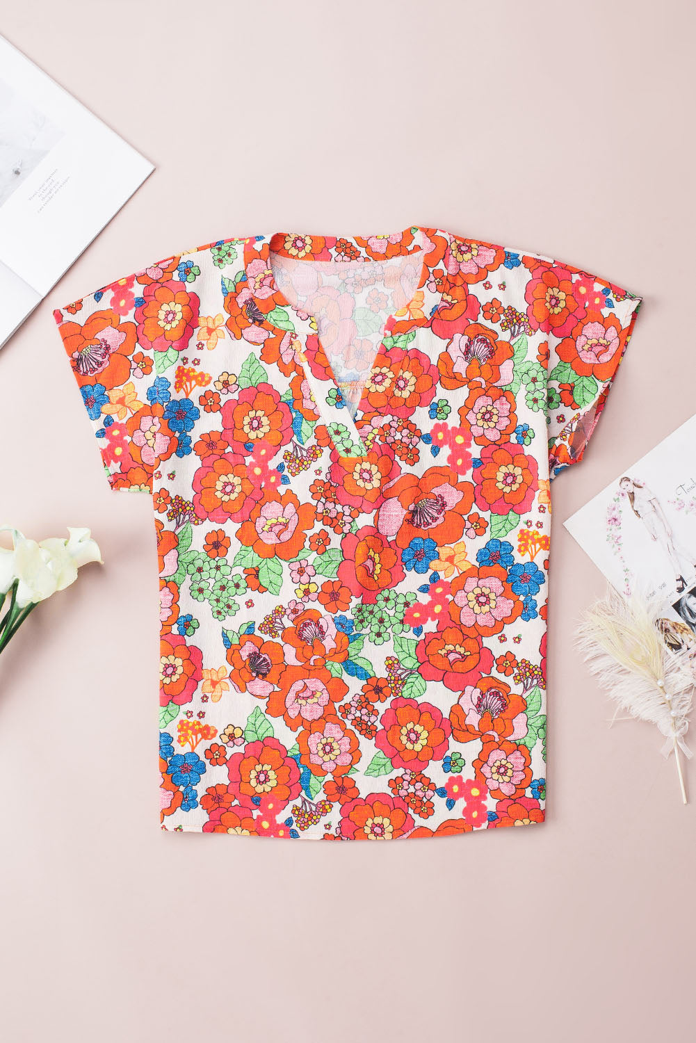 Fiery Red Floral Split Neck Top-Tops/Blouses & Shirts-[Adult]-[Female]-2022 Online Blue Zone Planet
