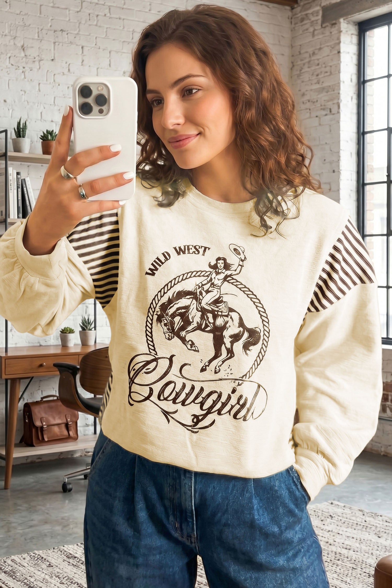 Jet Stream Western Print Striped Detail Long Sleeve Casual Top-Tops/Long Sleeve Tops-[Adult]-[Female]-2022 Online Blue Zone Planet