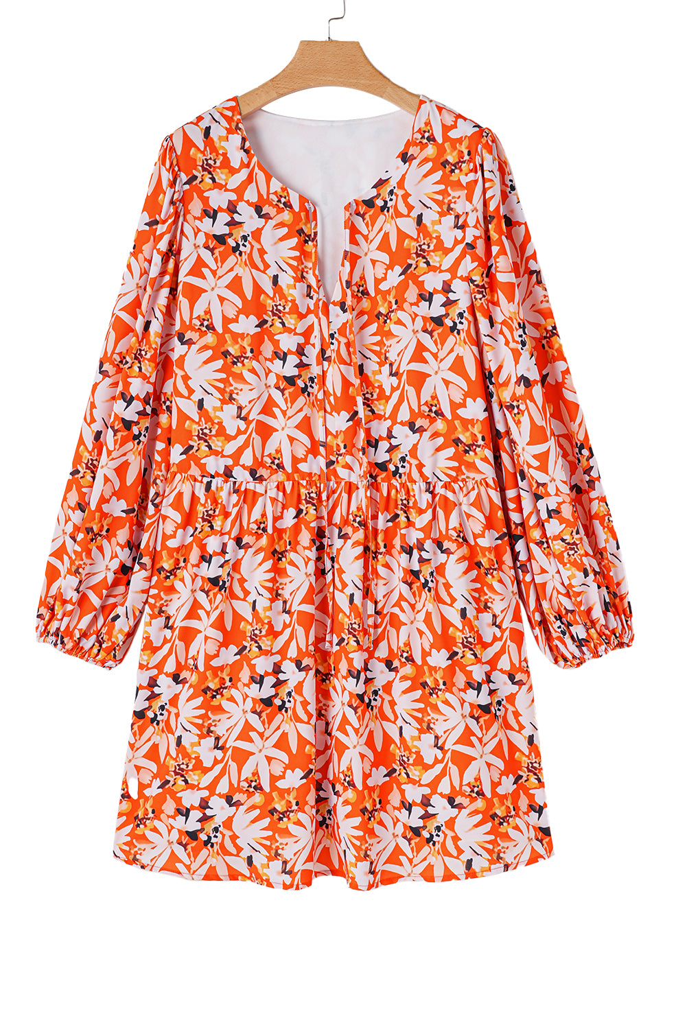 Blue Zone Planet | Orange Floral Print Split V Neck Bubble Sleeve Plus Size Midi Dress-TOPS / DRESSES-[Adult]-[Female]-2022 Online Blue Zone Planet