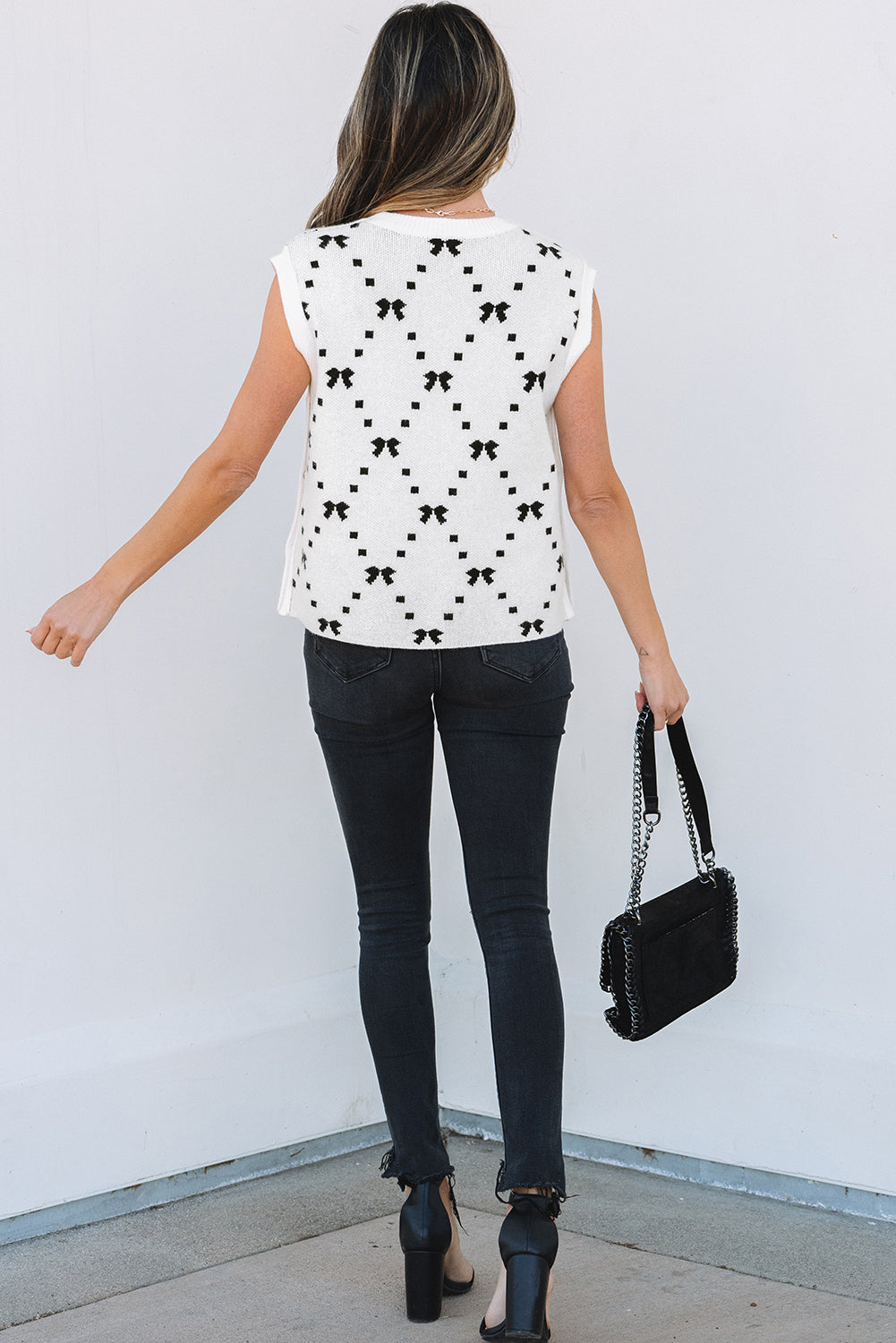 White Bow Pattern Buttoned Side Cropped Sweater Vest-Sweaters & Cardigans/Sweater Vests-[Adult]-[Female]-2022 Online Blue Zone Planet