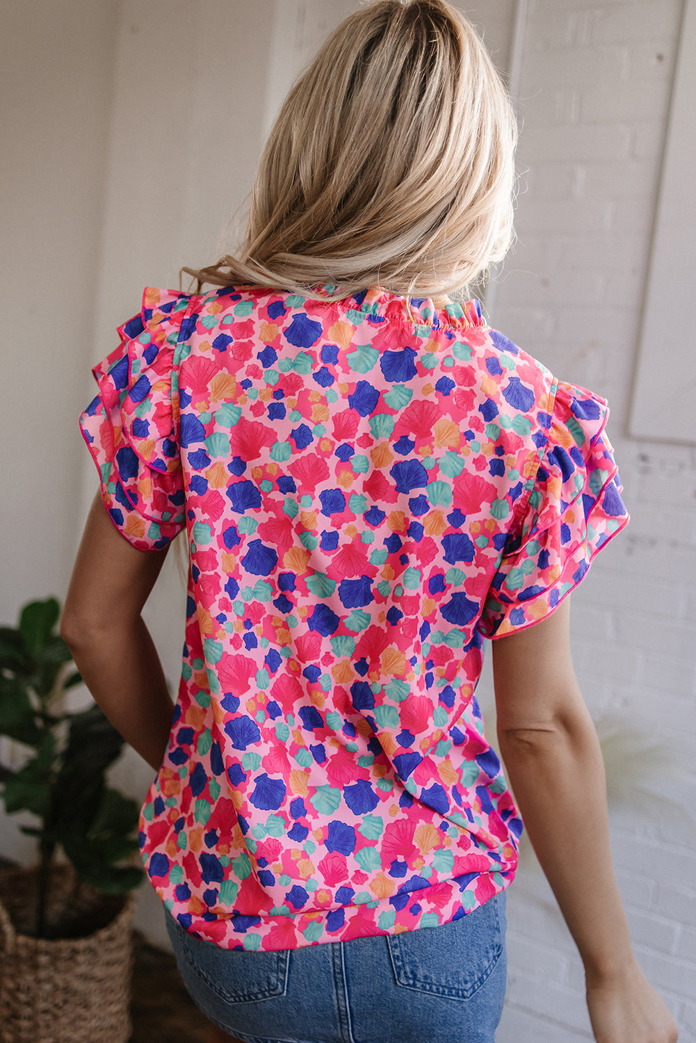 Rose Red Abstract Print Ruffled Sleeve V Neck Blouse-Tops/Blouses & Shirts-[Adult]-[Female]-2022 Online Blue Zone Planet