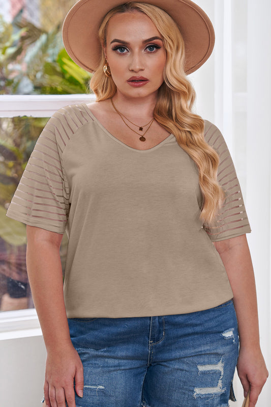 Khaki Striped Raglan Sleeve Plus Size Tee-Plus Size/Plus Size Tops/Plus Size Tops & Tees-[Adult]-[Female]-Khaki-1X-2022 Online Blue Zone Planet