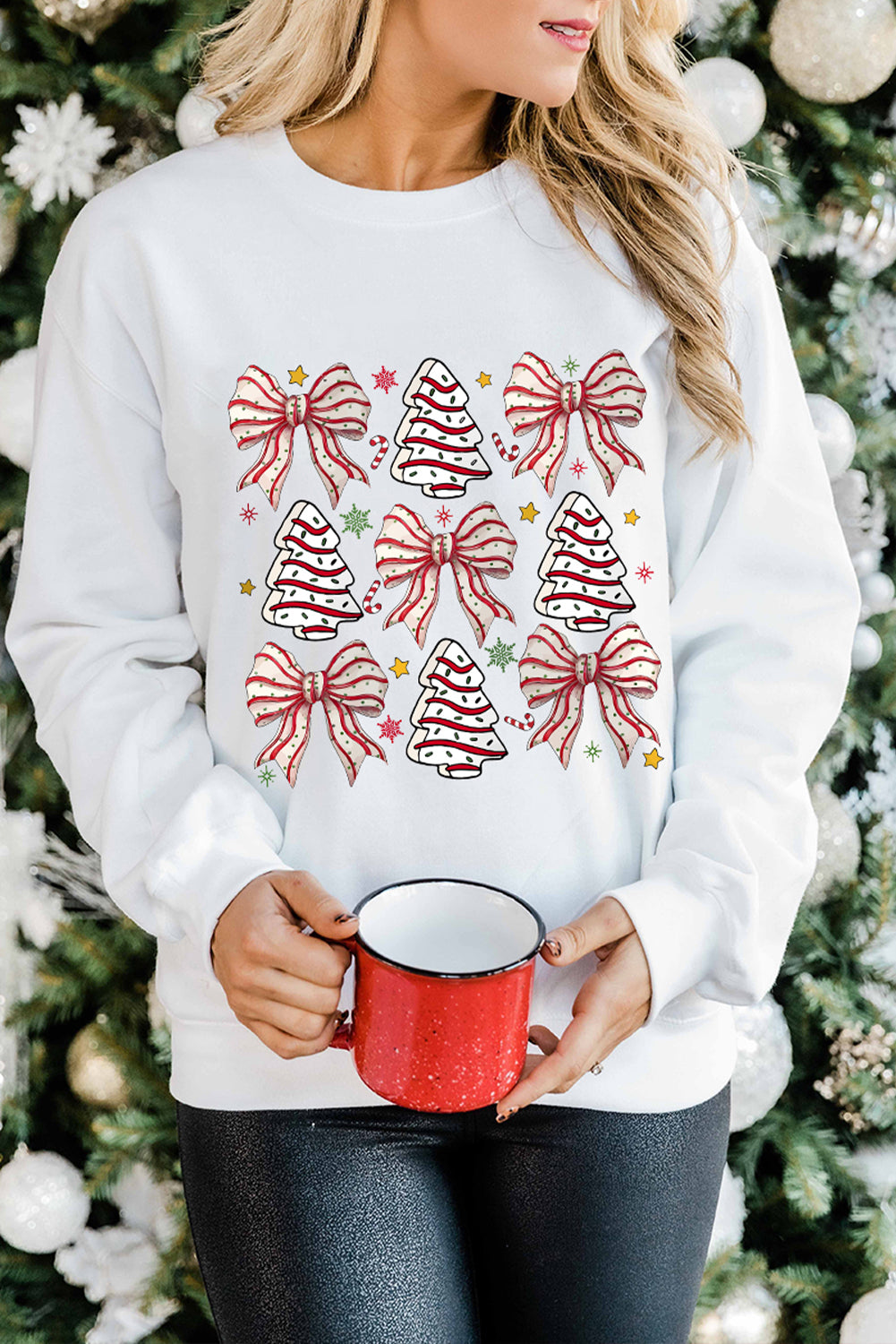 Blue Zone Planet | White Christmas Tree Bowknot Heat Transfer Graphic Sweatshirt-Graphic Sweatshirts-[Adult]-[Female]-2022 Online Blue Zone Planet