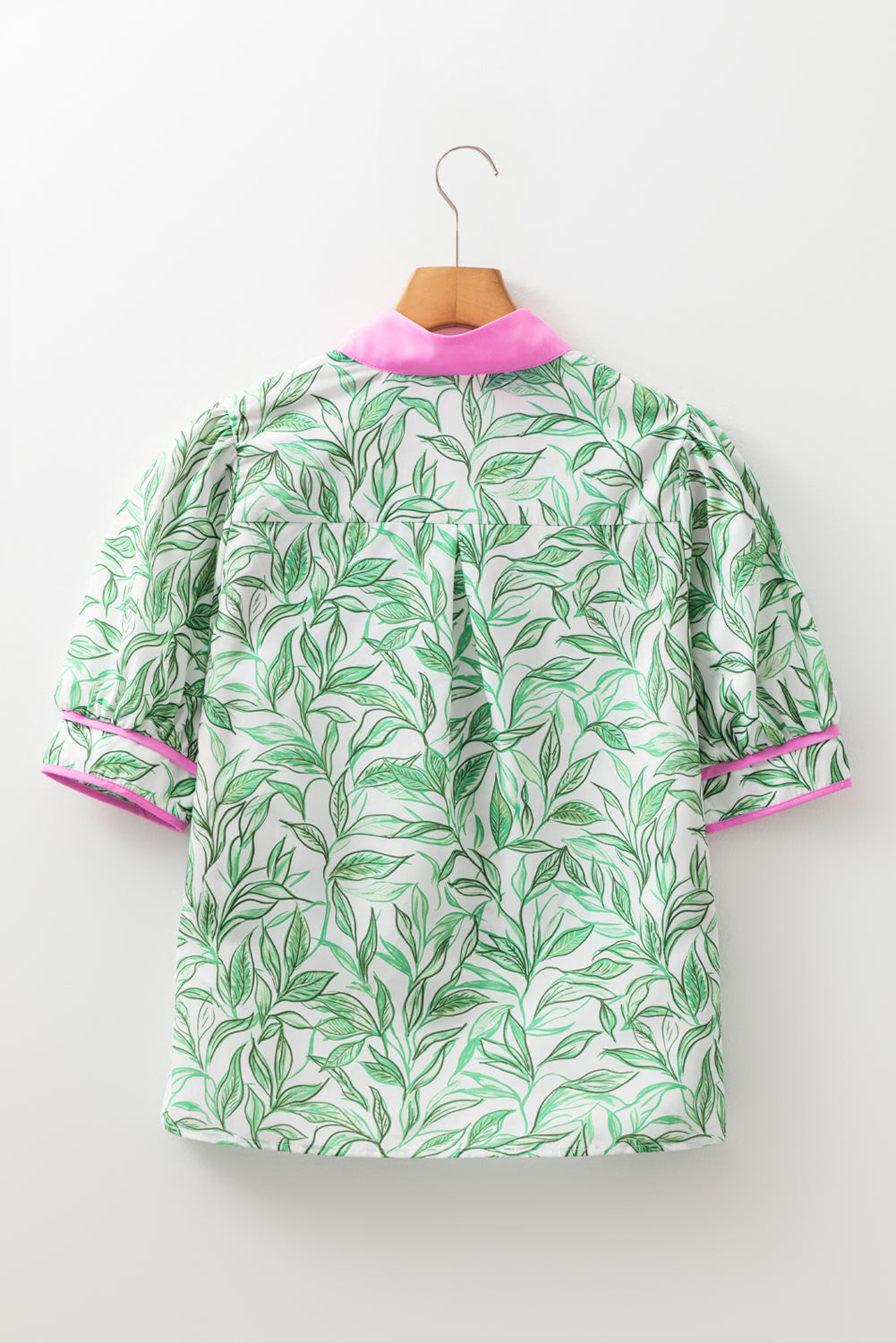 Green Leaves Pattern Color Block V Neck Puff Sleeve Blouse-Tops/Blouses & Shirts-[Adult]-[Female]-2022 Online Blue Zone Planet