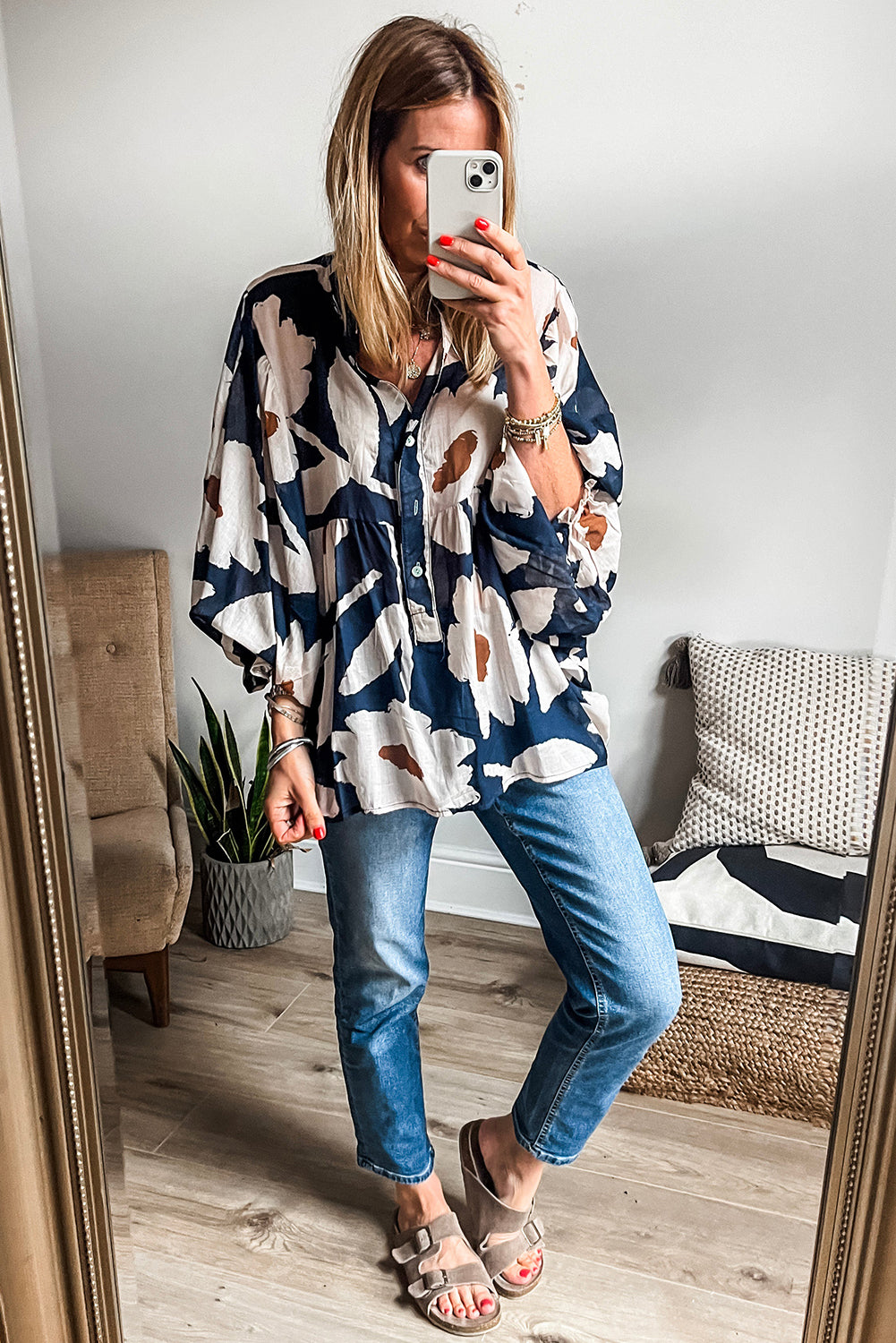 Sail Blue Abstract Floral Print Puff Sleeve Half Button Blouse-Tops/Blouses & Shirts-[Adult]-[Female]-2022 Online Blue Zone Planet