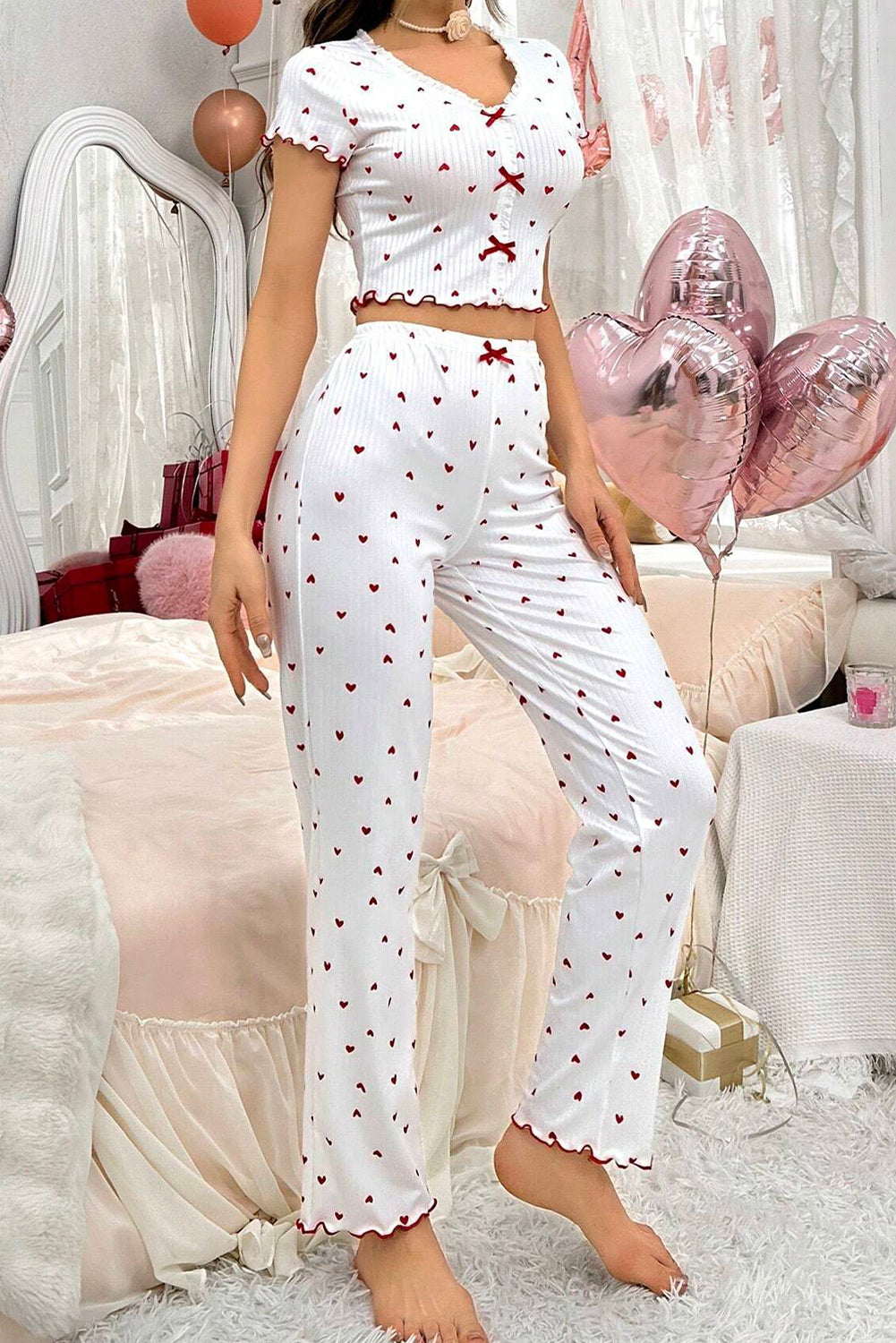 White Valentines Heart Pattern Tee and Pants Pajama Set-Loungewear Set-[Adult]-[Female]-2022 Online Blue Zone Planet