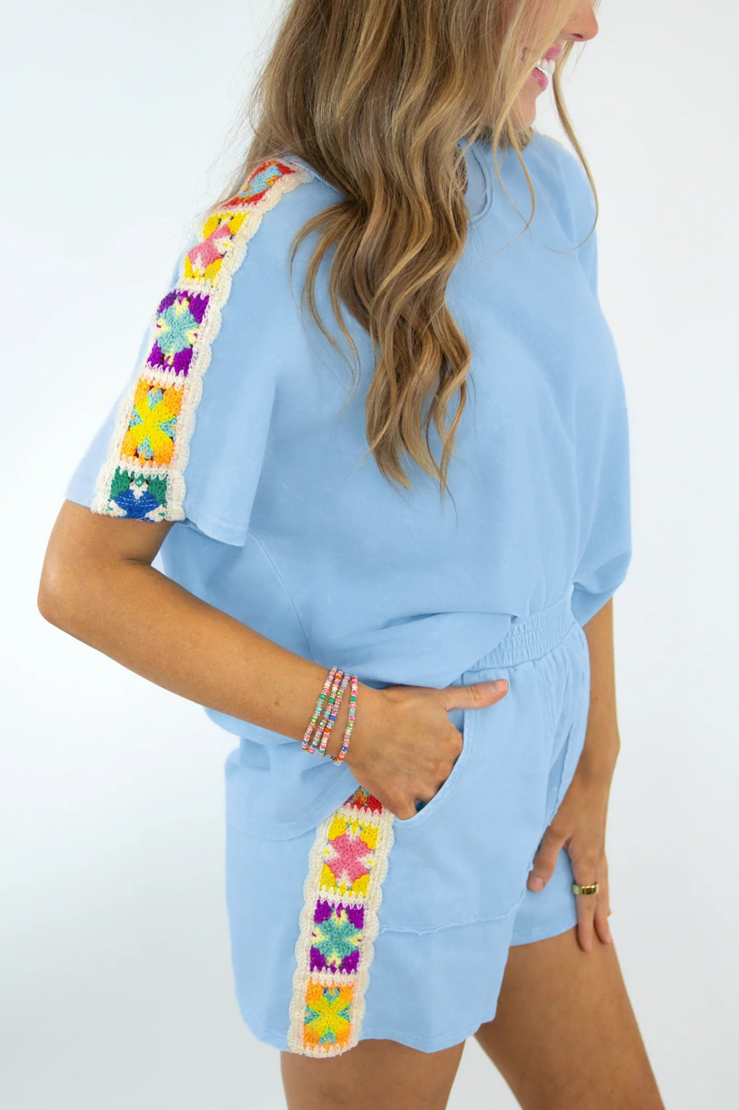 Mist Blue Granny Square Crochet Detail Short 2pcs Set-Two Piece Sets/Short Sets-[Adult]-[Female]-Mist Blue-S-2022 Online Blue Zone Planet
