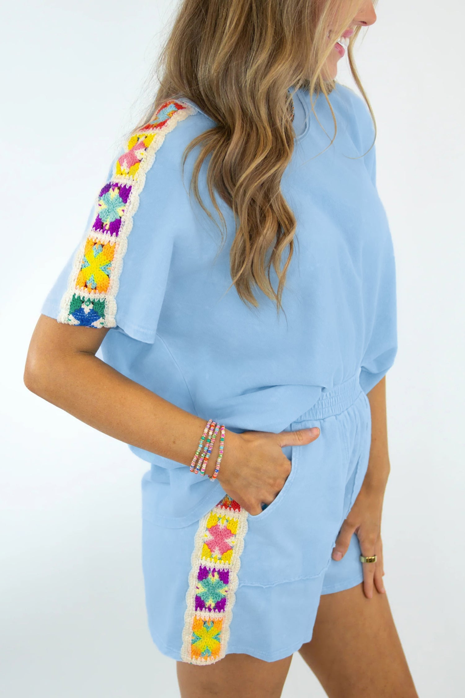 Mist Blue Granny Square Crochet Detail Short 2pcs Set-Two Piece Sets/Short Sets-[Adult]-[Female]-Mist Blue-S-2022 Online Blue Zone Planet