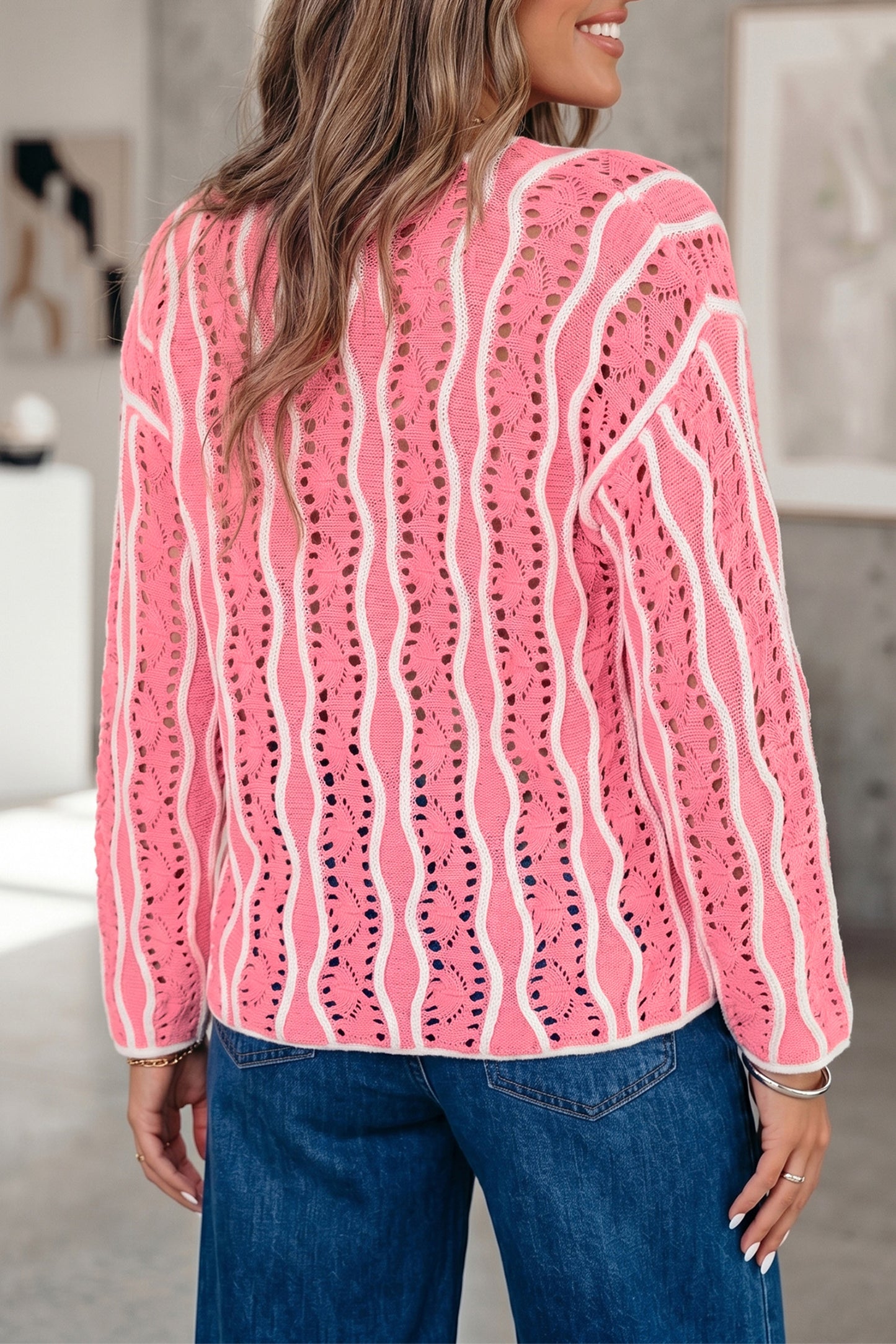 Pink Wavy Detail Hollow Out Knit Long Sleeve Cotton Pullover Sweater-Sweaters & Cardigans/Sweaters-[Adult]-[Female]-2022 Online Blue Zone Planet