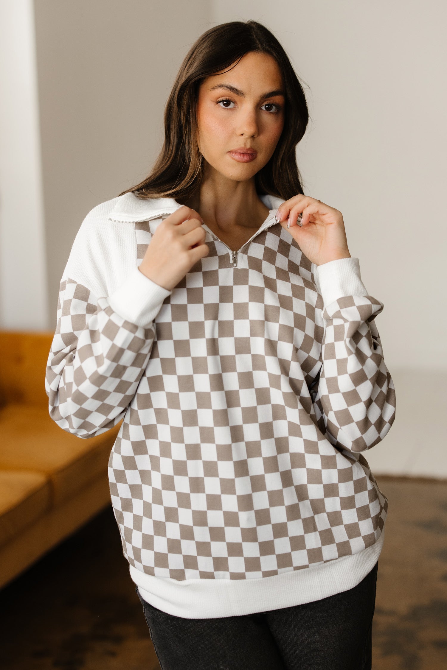 Khaki Checkered Print Quarter Zip Ribbed Patchwork Loose Sweatshirt-Tops/Sweatshirts & Hoodies-[Adult]-[Female]-2022 Online Blue Zone Planet