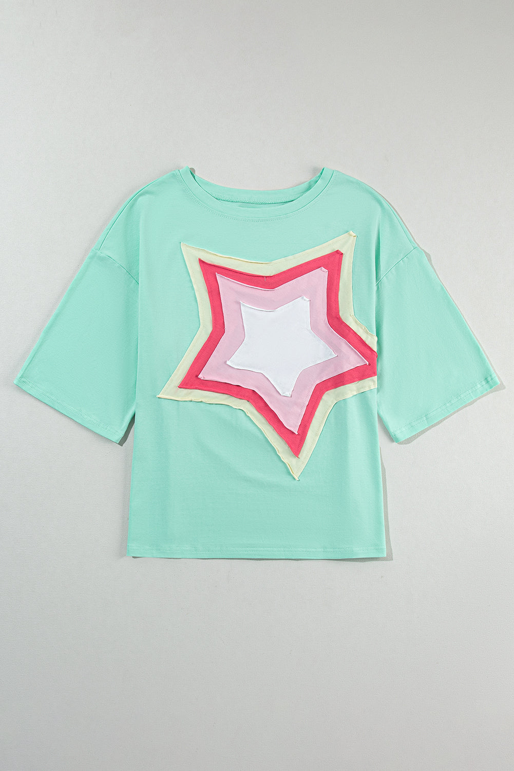 Moonlight Jade Colorblock Star Patched Half Sleeve Oversized Tee-Tops/Tops & Tees-[Adult]-[Female]-2022 Online Blue Zone Planet