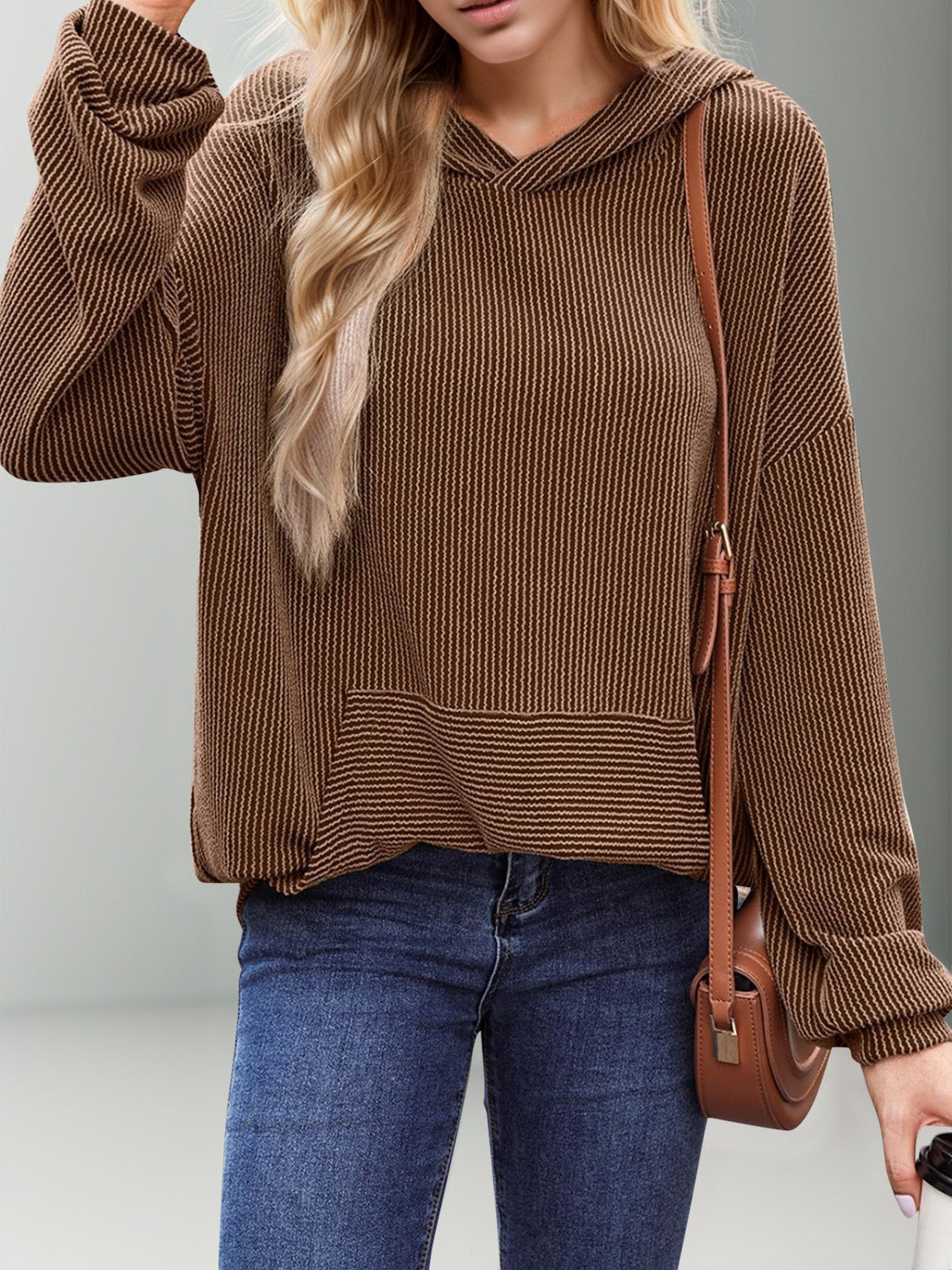 Double Take Textured Kangaroo Pocket Long Sleeve Hoodie-TOPS / DRESSES-[Adult]-[Female]-Coffee Brown-S-2022 Online Blue Zone Planet