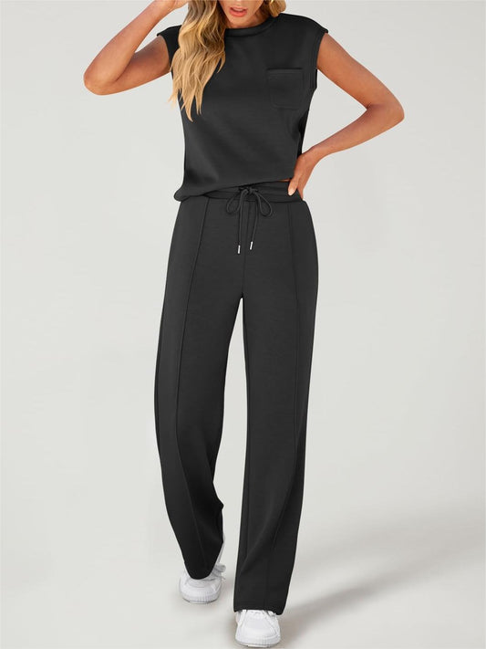 Full Size Round Neck Top and Drawstring Pants Set-TOPS / DRESSES-[Adult]-[Female]-Black-S-2022 Online Blue Zone Planet