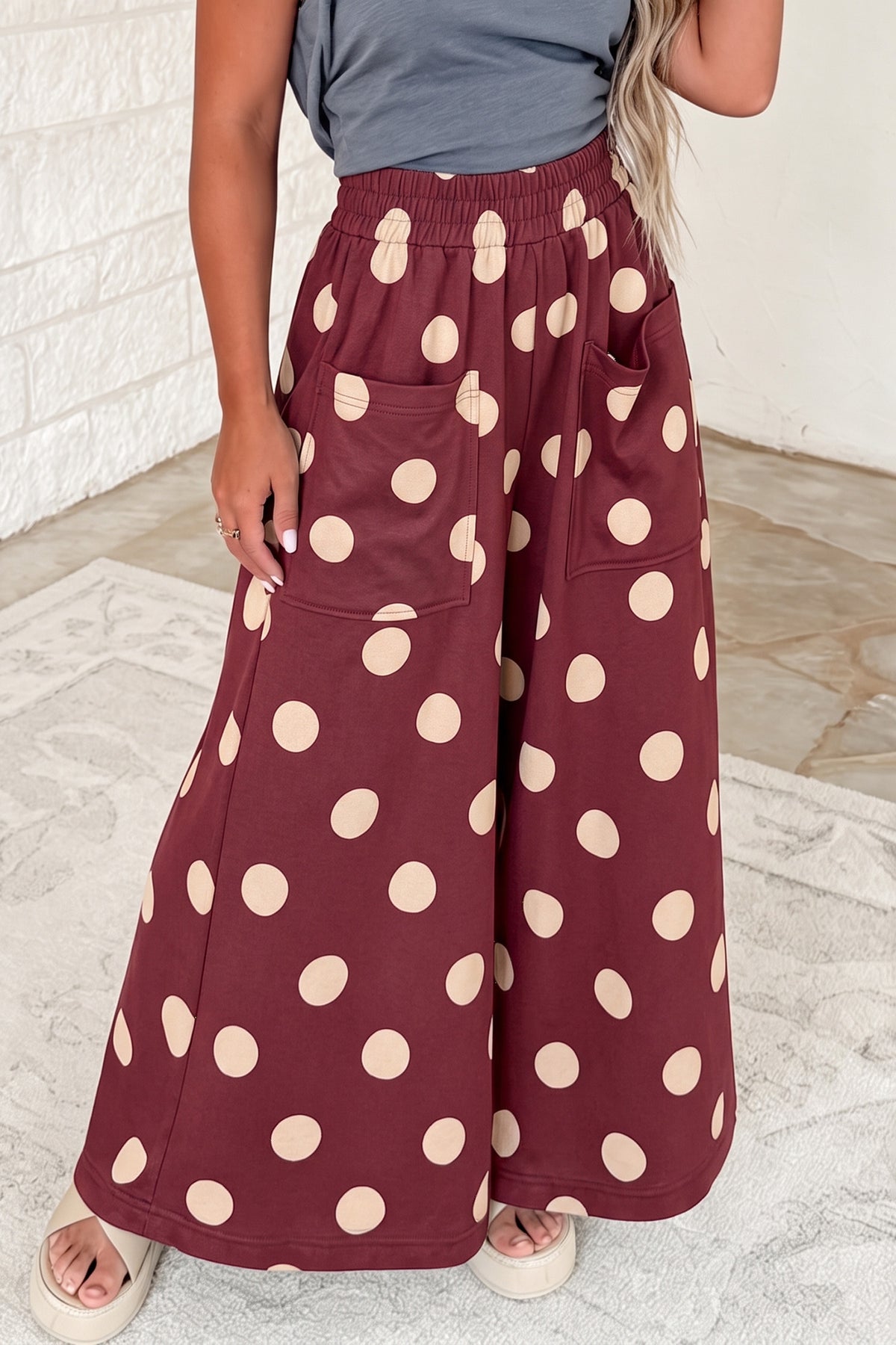 Sail Blue Polka Dot Wide Leg Elastic Waist Casual Pants-Bottoms/Pants & Culotte-[Adult]-[Female]-2022 Online Blue Zone Planet