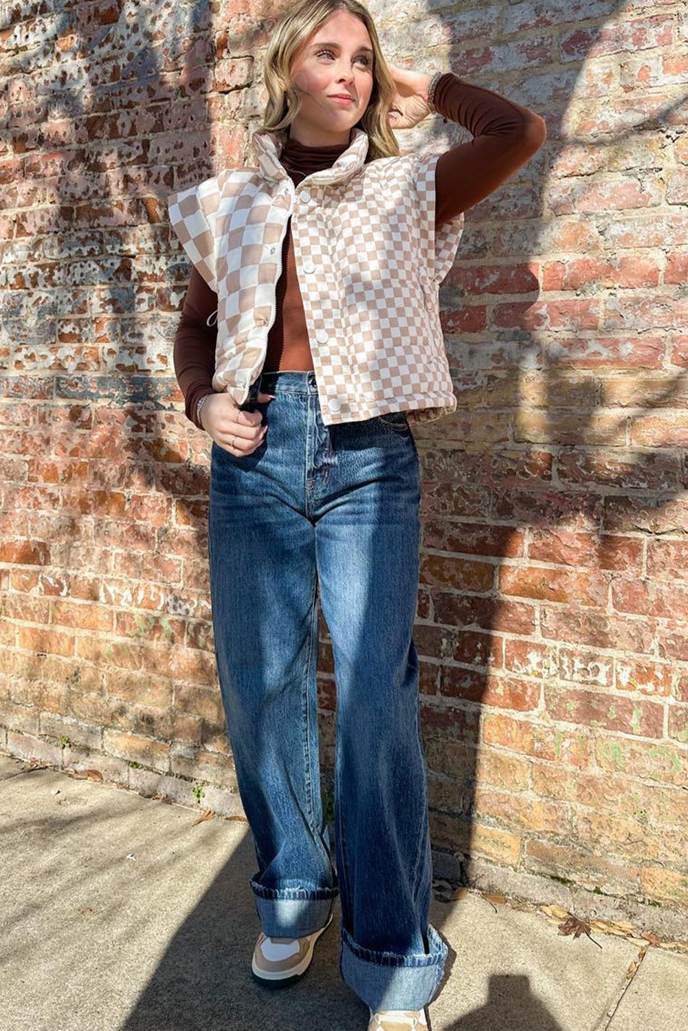 Khaki Contrast Plaid Quilted Button Zip Up Vest-TOPS / DRESSES-[Adult]-[Female]-2022 Online Blue Zone Planet