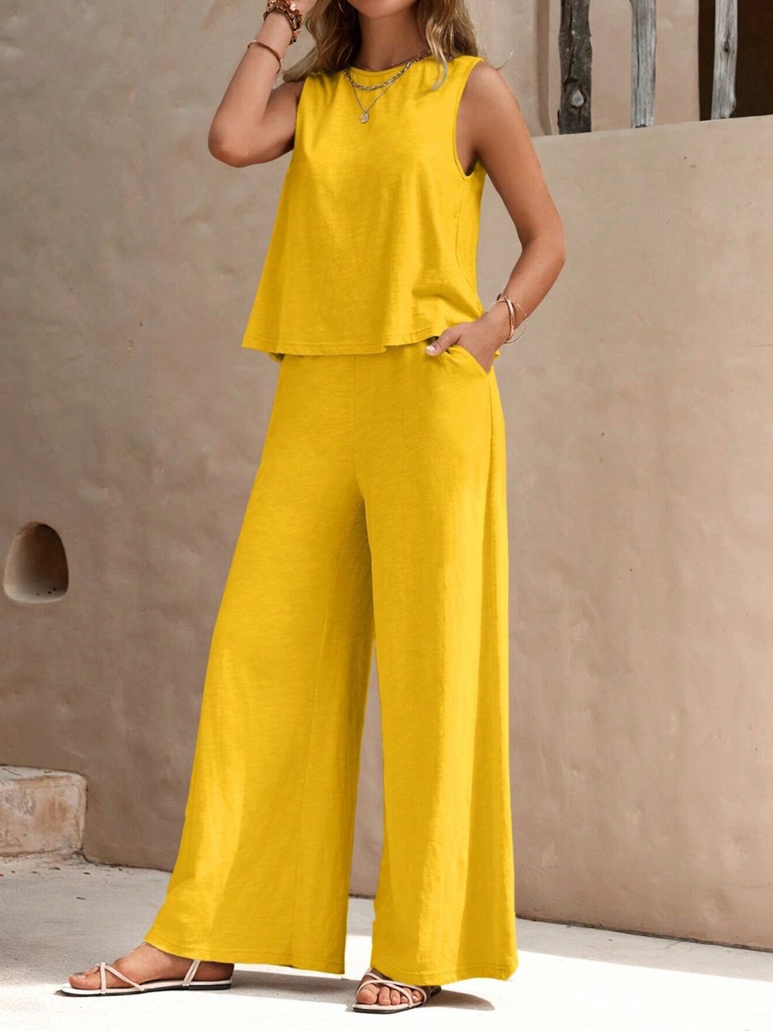 Round Neck Sleeveless Top and Wide Leg Pants Set-TOPS / DRESSES-[Adult]-[Female]-Gold-S-2022 Online Blue Zone Planet