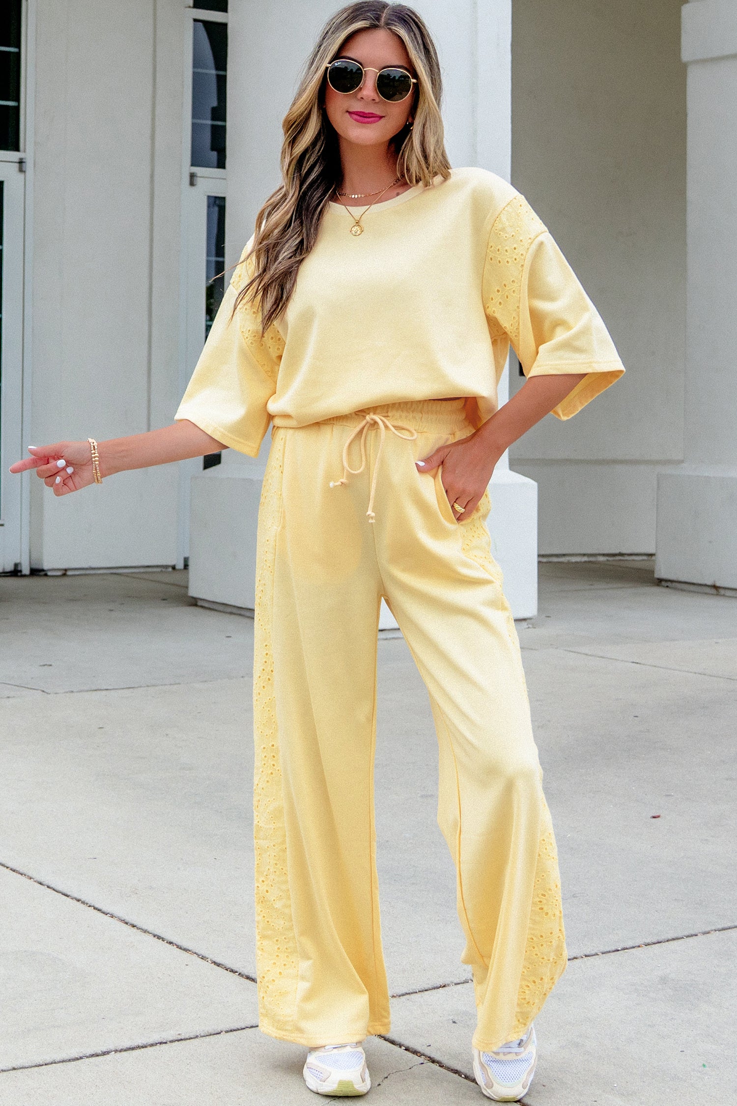 Light Green Lace Patchwork Half Sleeve Top Elastic Waist Pants Two Piece Set-Two Piece Sets/Pant Sets-[Adult]-[Female]-2022 Online Blue Zone Planet