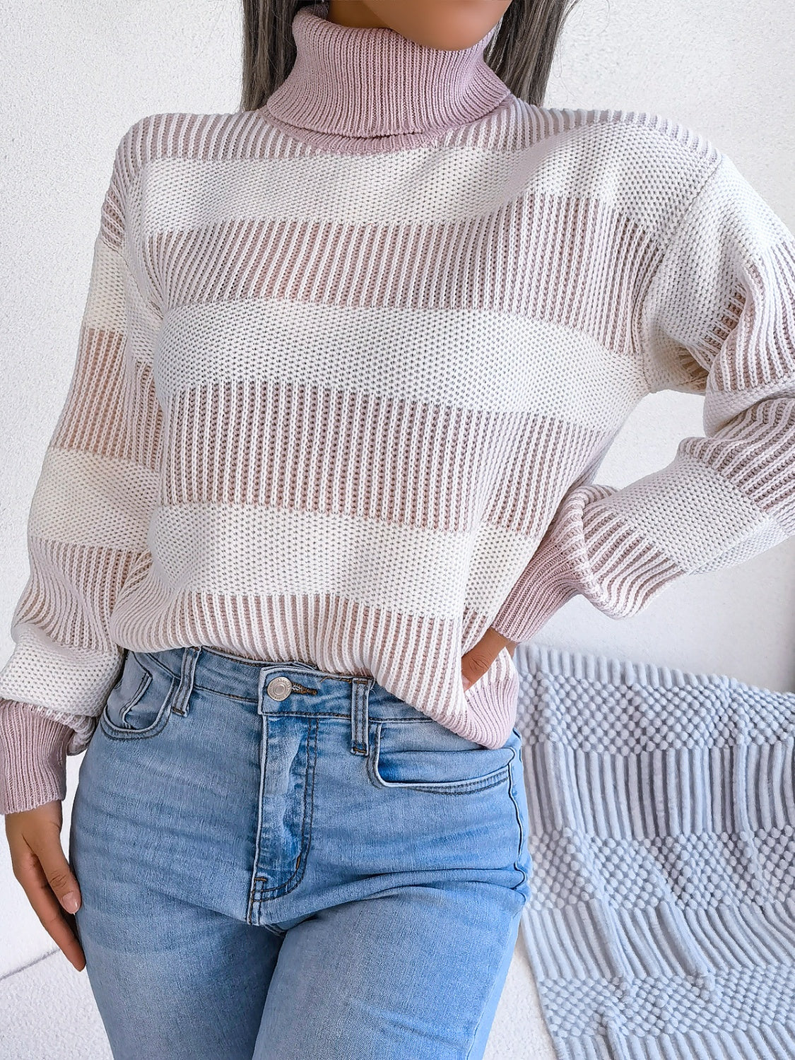 Striped Turtleneck Long Sleeve Sweater-TOPS / DRESSES-[Adult]-[Female]-2022 Online Blue Zone Planet