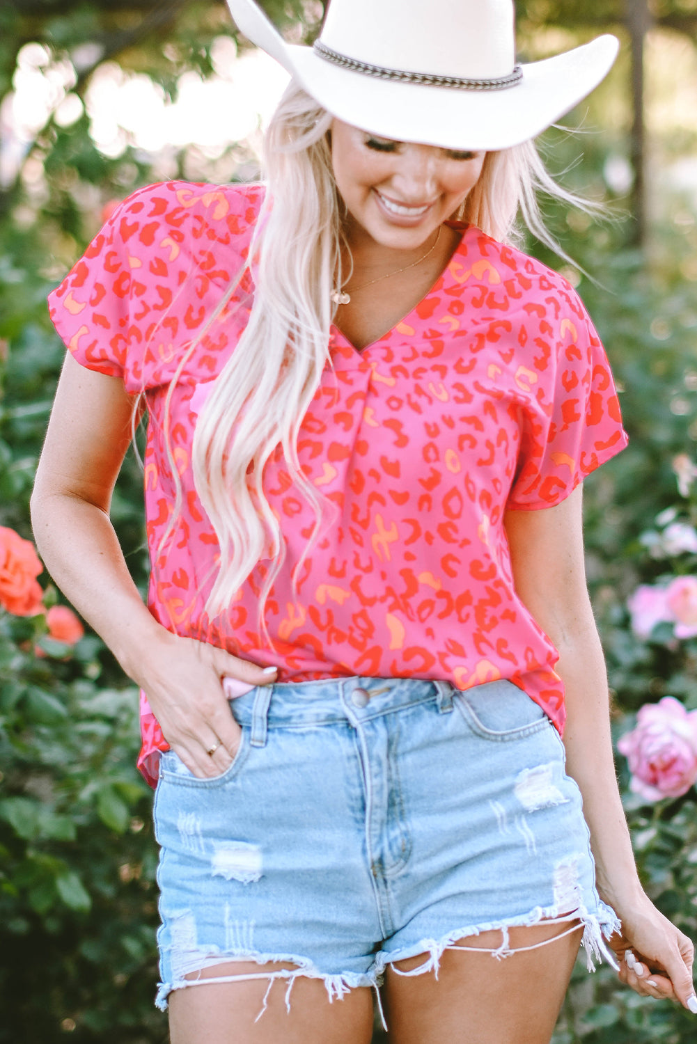 Pink Leopard V Neck Short Sleeve Blouse-Tops/Blouses & Shirts-[Adult]-[Female]-2022 Online Blue Zone Planet