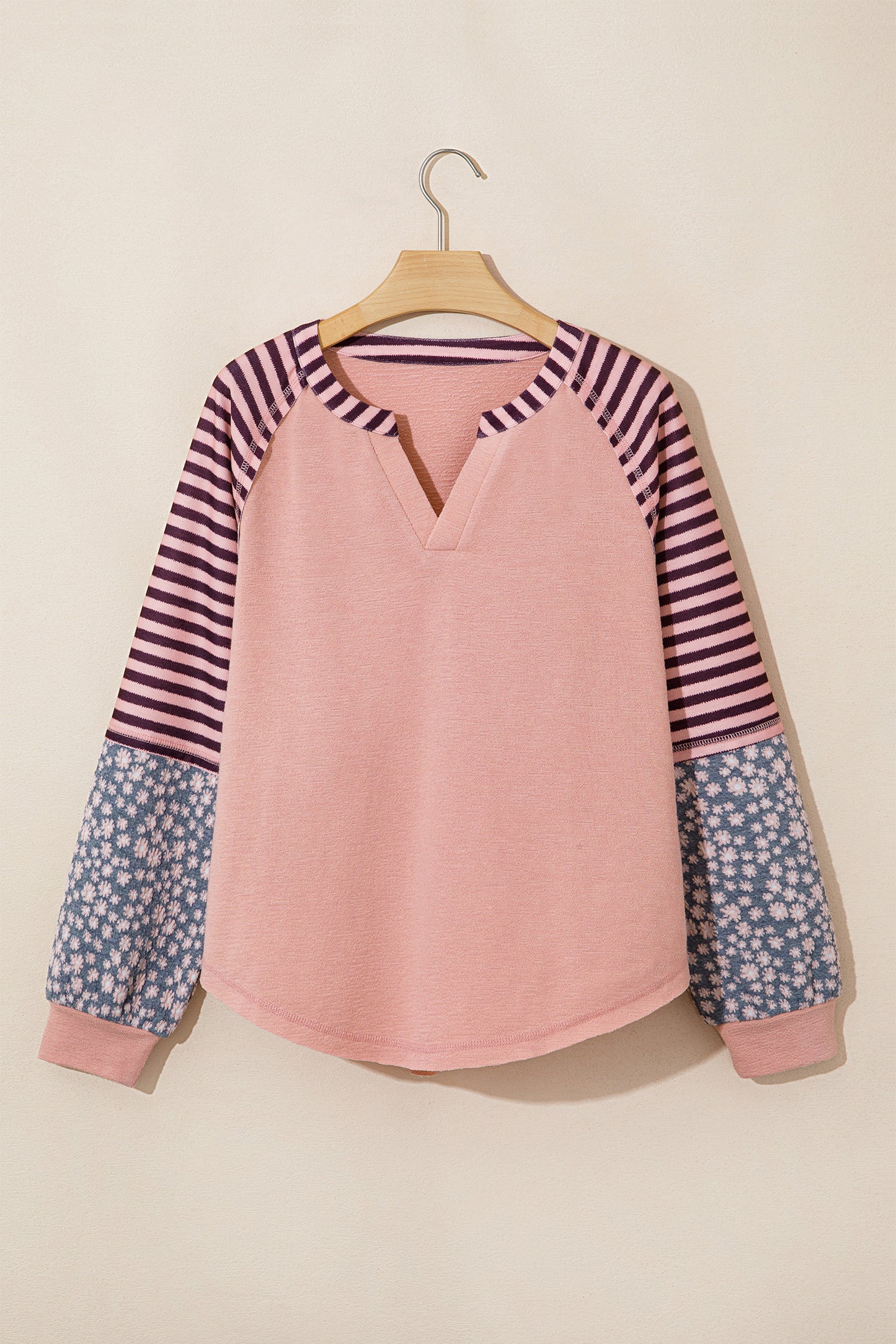 Light Pink V Neck Colorblock Patchwork Striped Floral Long Sleeve Casual Top