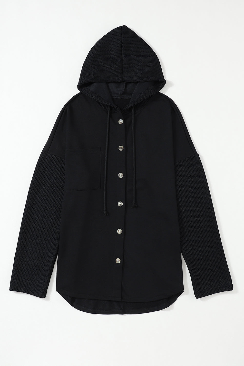 Black Button Up Contrast Knitted Sleeves Hooded Jacket-Outerwear/Jackets-[Adult]-[Female]-2022 Online Blue Zone Planet