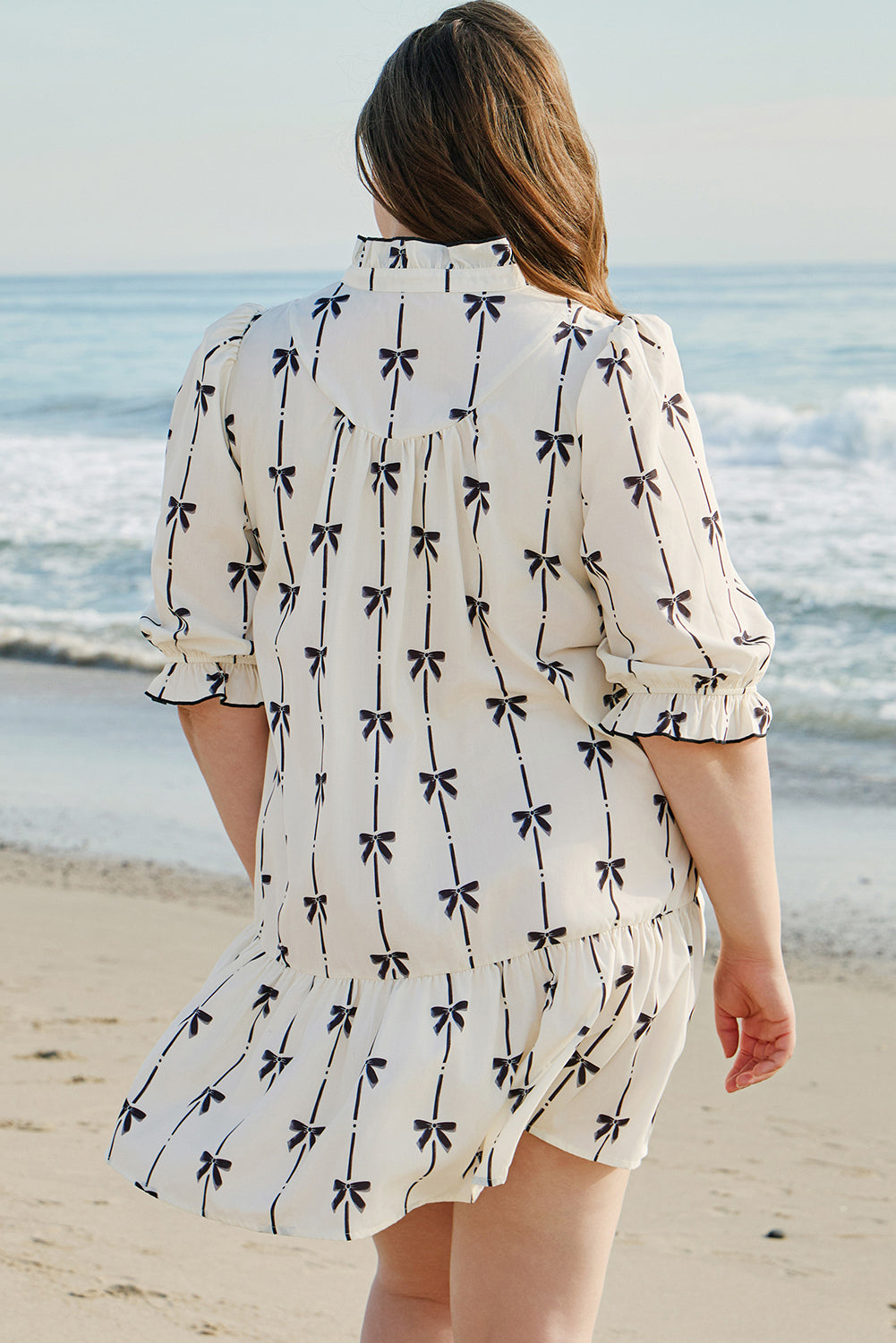 Apricot Bow Printed Puff Sleeve Ruffled Plus Size Mini Dress-Plus Size/Plus Size Dresses/Plus Size Mini Dresses-[Adult]-[Female]-2022 Online Blue Zone Planet