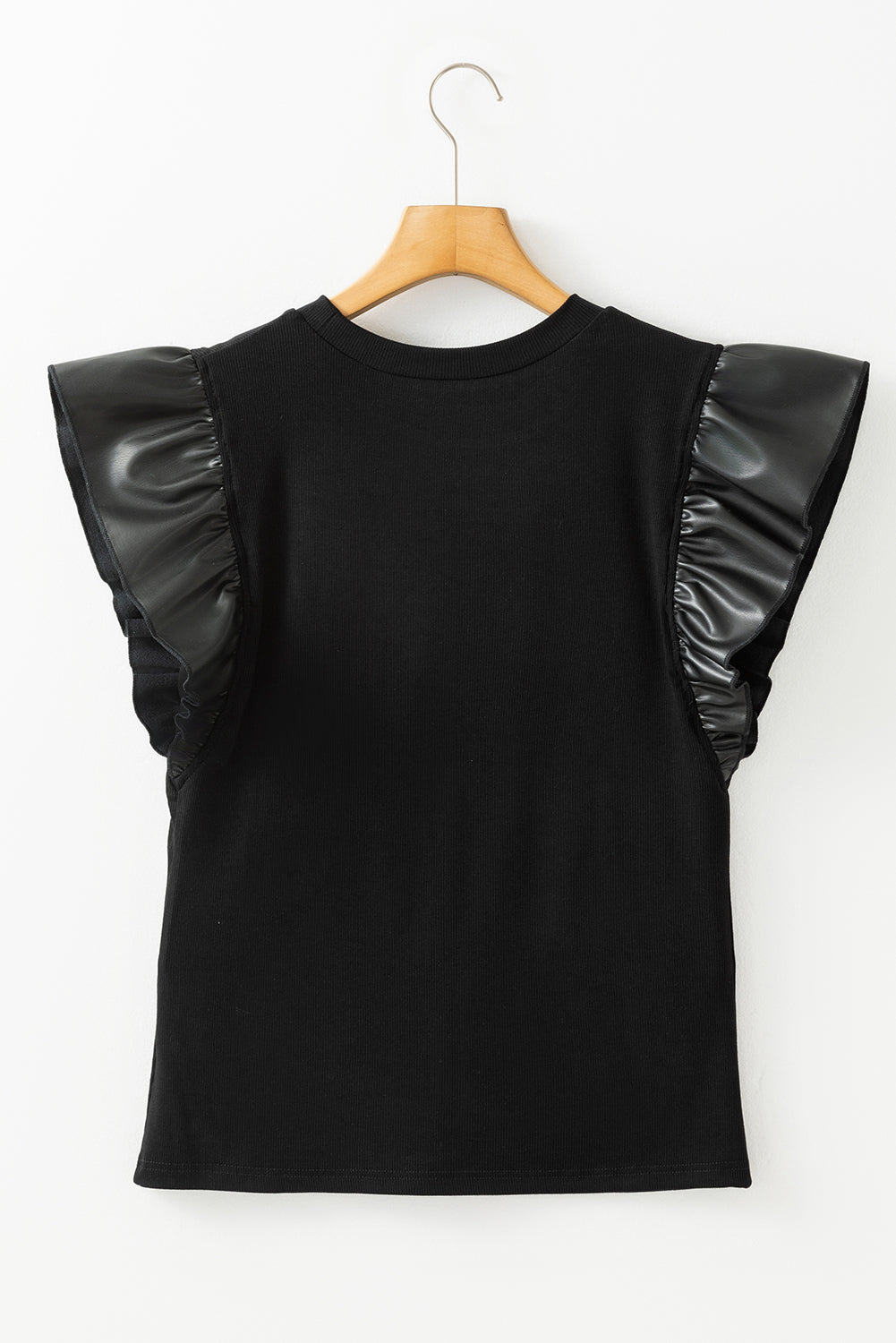 Black Game Day Checkered Letter Graphic Leatherette Ruffle Sleeve Top-Graphic/Graphic Tees-[Adult]-[Female]-2022 Online Blue Zone Planet