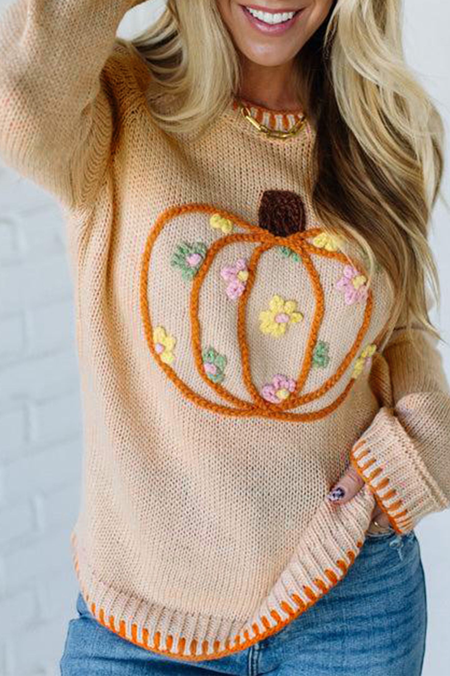 Parchment Floral Embroidery Pumpkin Long Sleeve Round Neck Sweater-Sweaters & Cardigans/Sweaters-[Adult]-[Female]-2022 Online Blue Zone Planet